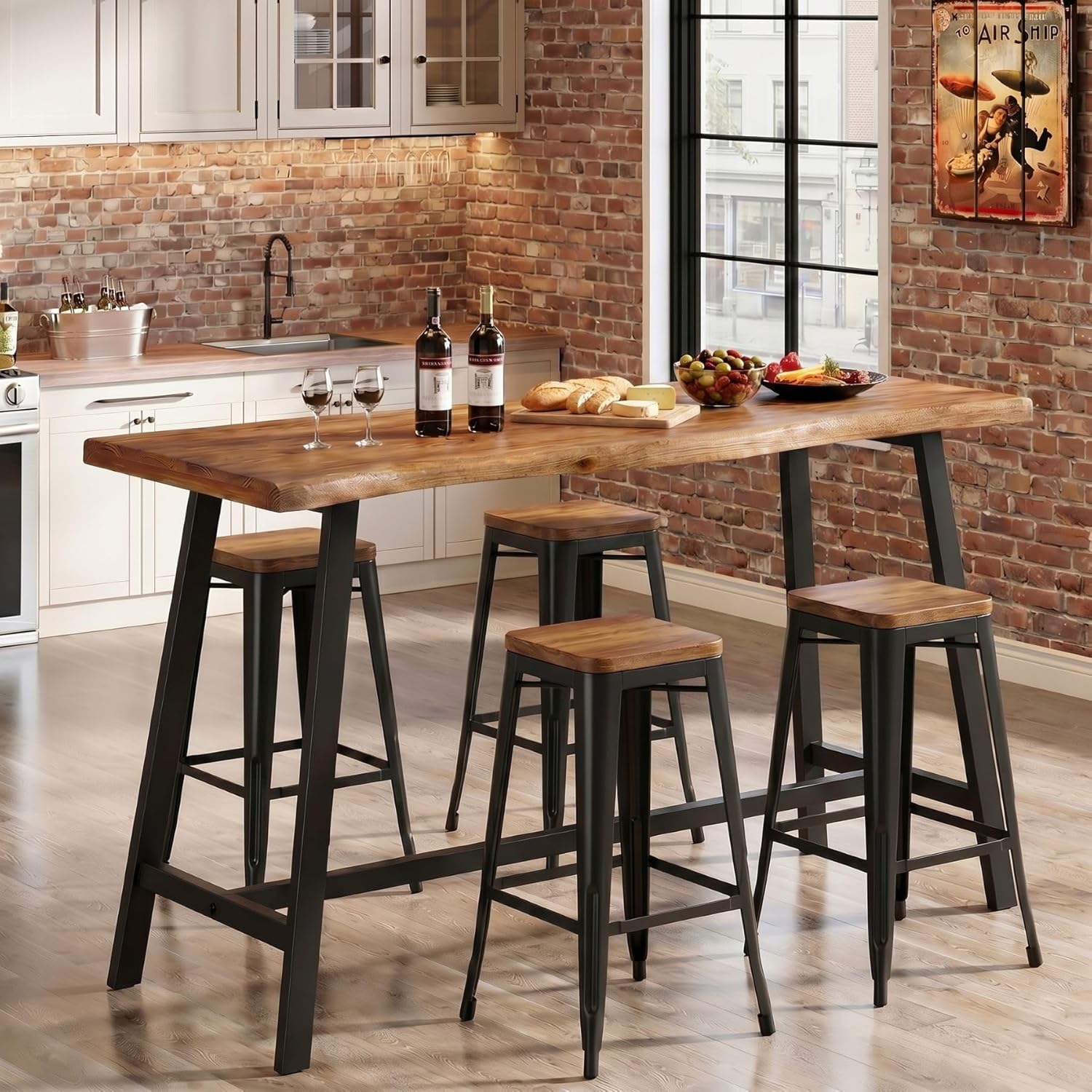 LITTLE TREE 55-Inch Industrial Rustic Brown Solid Wood Bar Table with ...