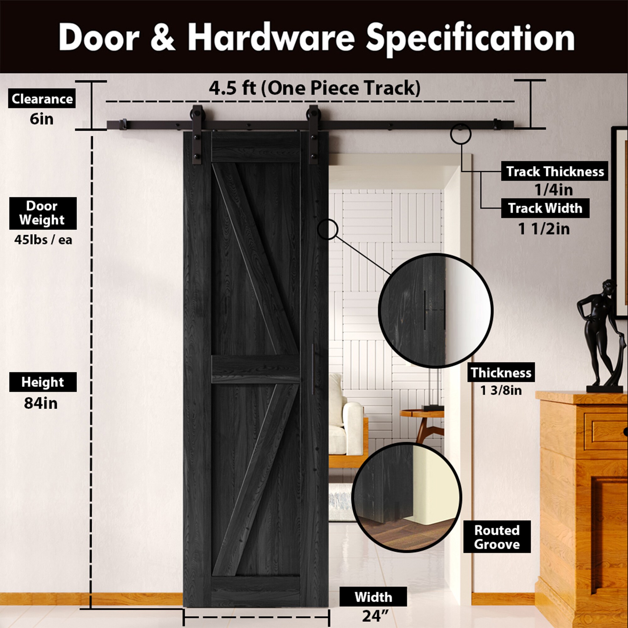 HOMACER YT1TGH054C-2484-K-BK Barn-Doors - View #2