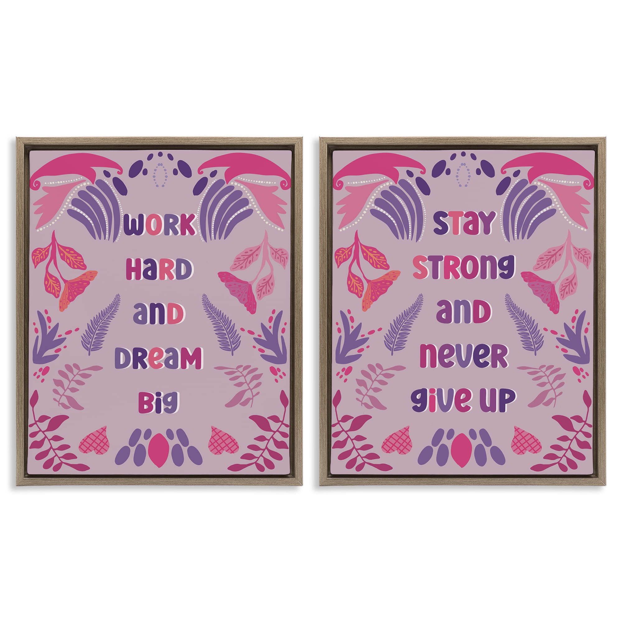 Stupell Industries B2-775-FFE-2PC-24X30 Purple Motivational Work Hard 2 Piece Brown Framed Floater Canvas Set By Julia Fox 31 x 25