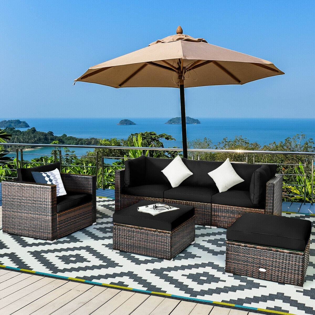 Forclover HBV-W877BK 6 -Piece Rattan Patio Sofa Conversation Set with Black Cushions