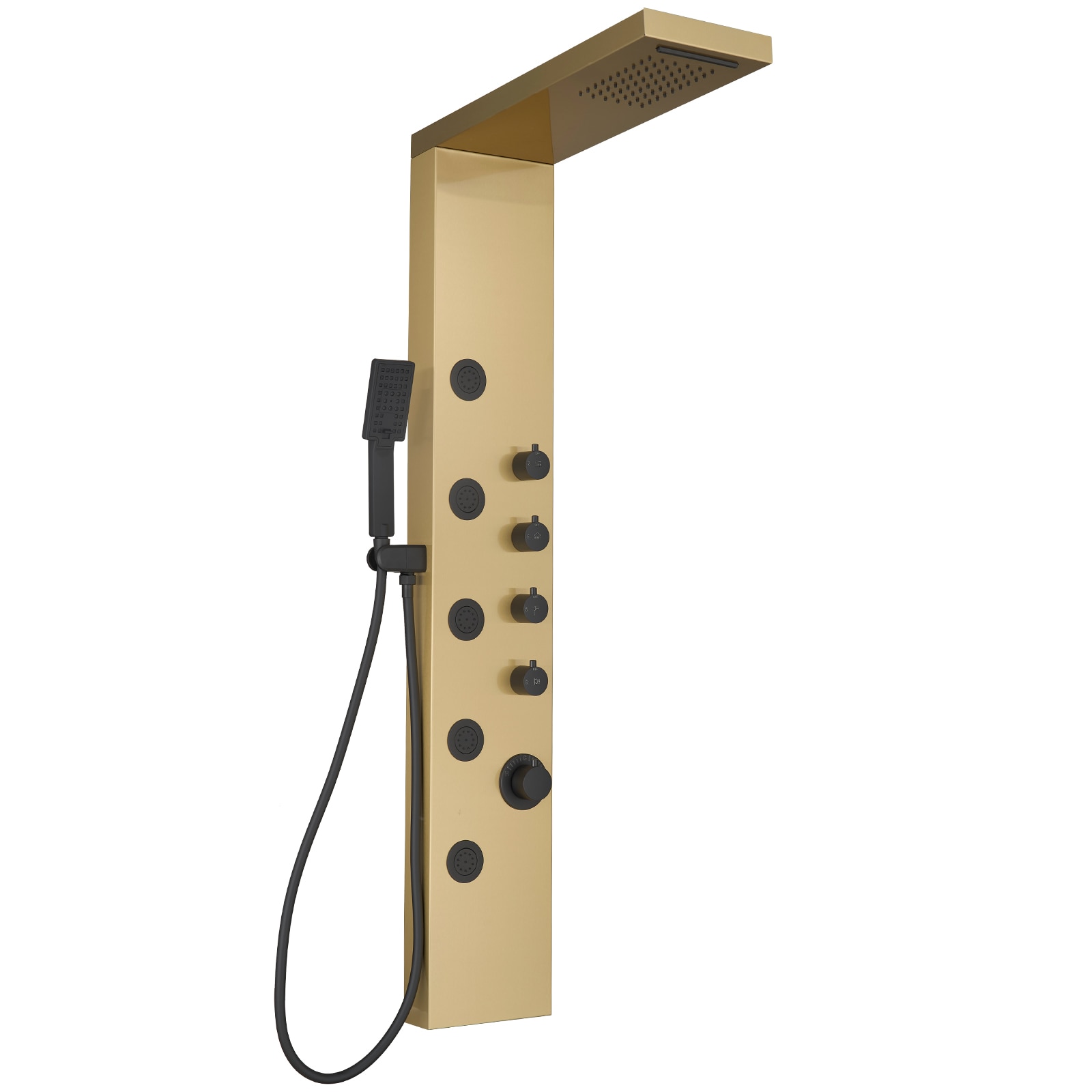 BWE YTP02-BGK Onyx SPA All-in-One Black and Gold 20-in Waterfall Dual Head Shower Tower System with 3-way Diverter ( Ceramic Disc Valve Included )