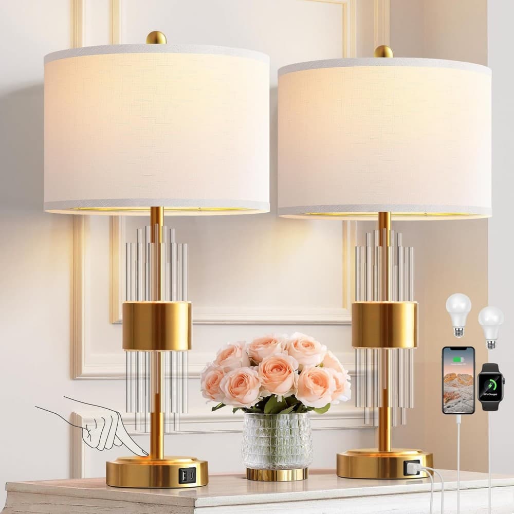 Coolbibila Set of 2 Gold Metal Table Lamps with USB Ports Touch Control and White Drum Shade for Living Room