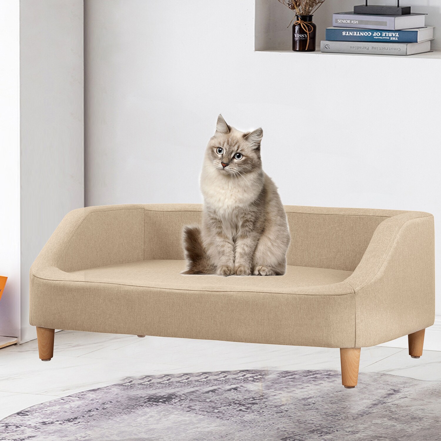 Small 37 in. Beige Pet Sofa Dog Sofa Cat Sofa Cat Bed Pet Bed Dog Bed Rectangle with Movable Cushion and Wood Style Foot