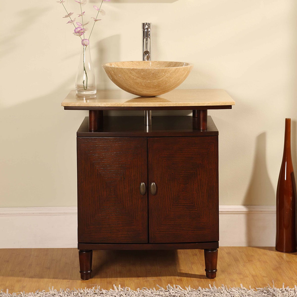 29-in Dark Chestnut Single Sink Bathroom Vanity with Travertine Top in Brown | - Silkroad Exclusive HYP-0808N-T-29-S29B