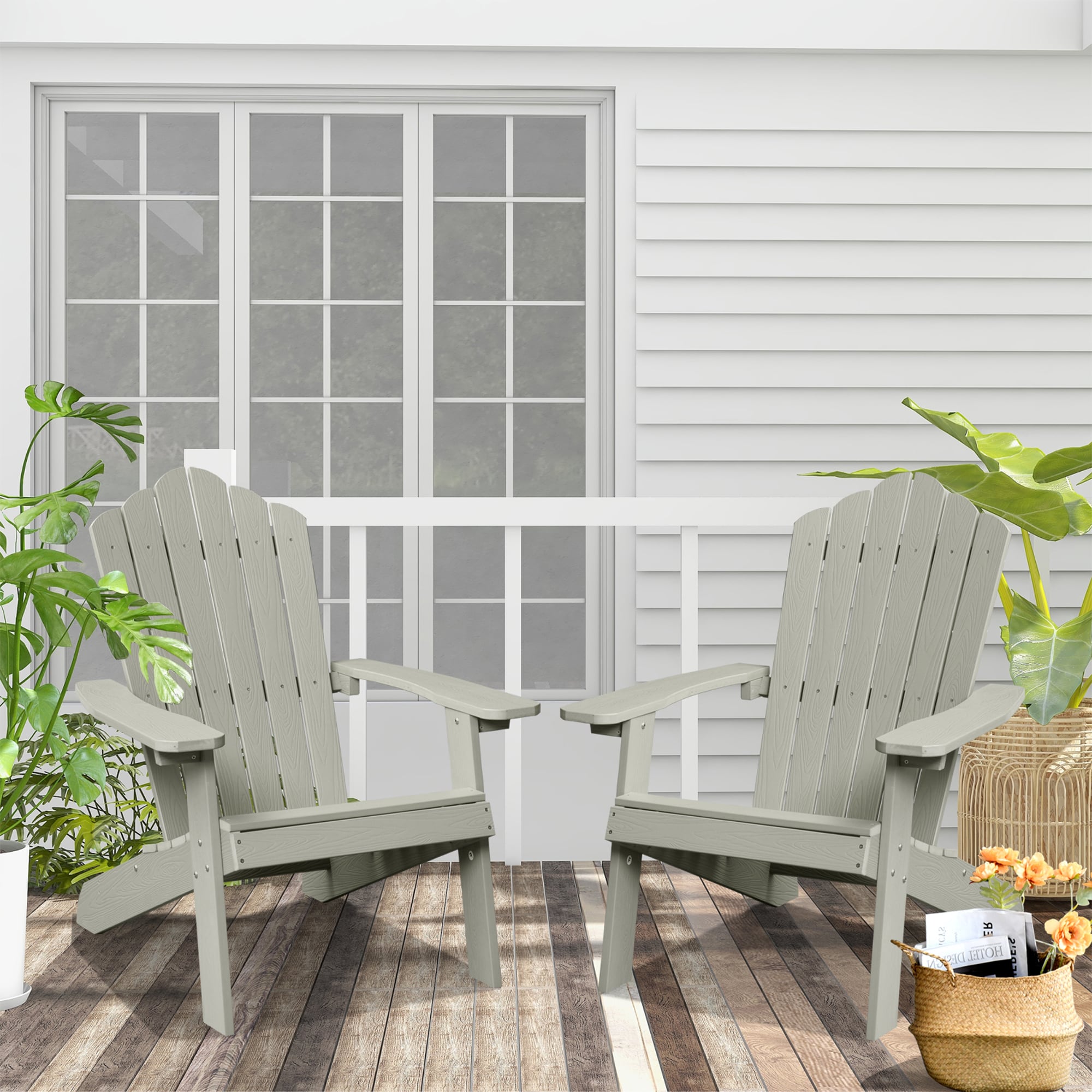 Pouuin SFC202A 2 Light Gray Plastic Frame Stationary Adirondack Chair with Slat Seat