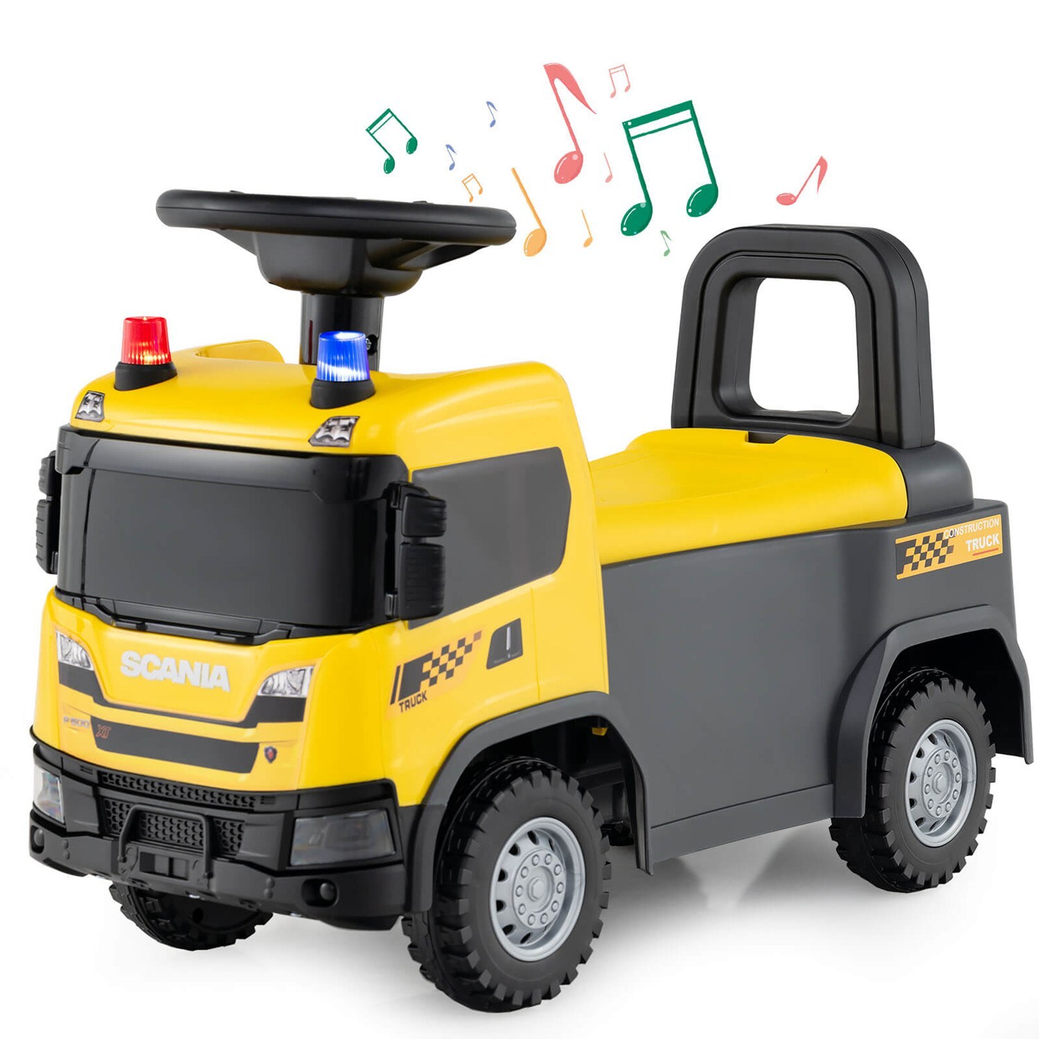 Costway CSHY001728 Licensed Scania Toy Construction Truck with Lights Sounds and Under-Seat Storage Yellow