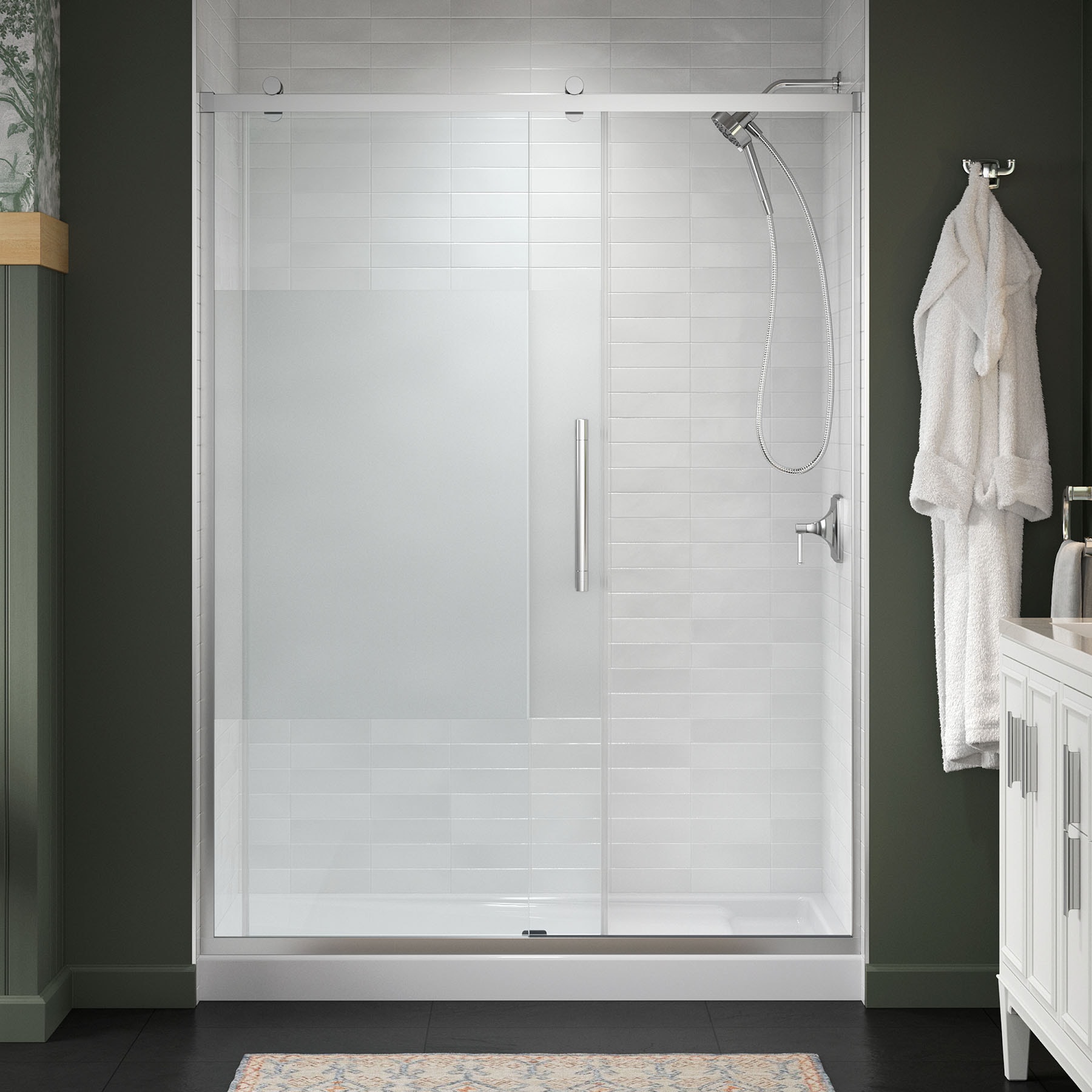KOHLER 702471-8G81-SHP Premise Bright Polished Silver 56-in to 60-in W x 76.13-in H Frameless Sliding Soft Close Shower Door 5/16-in Thick Clear Glass