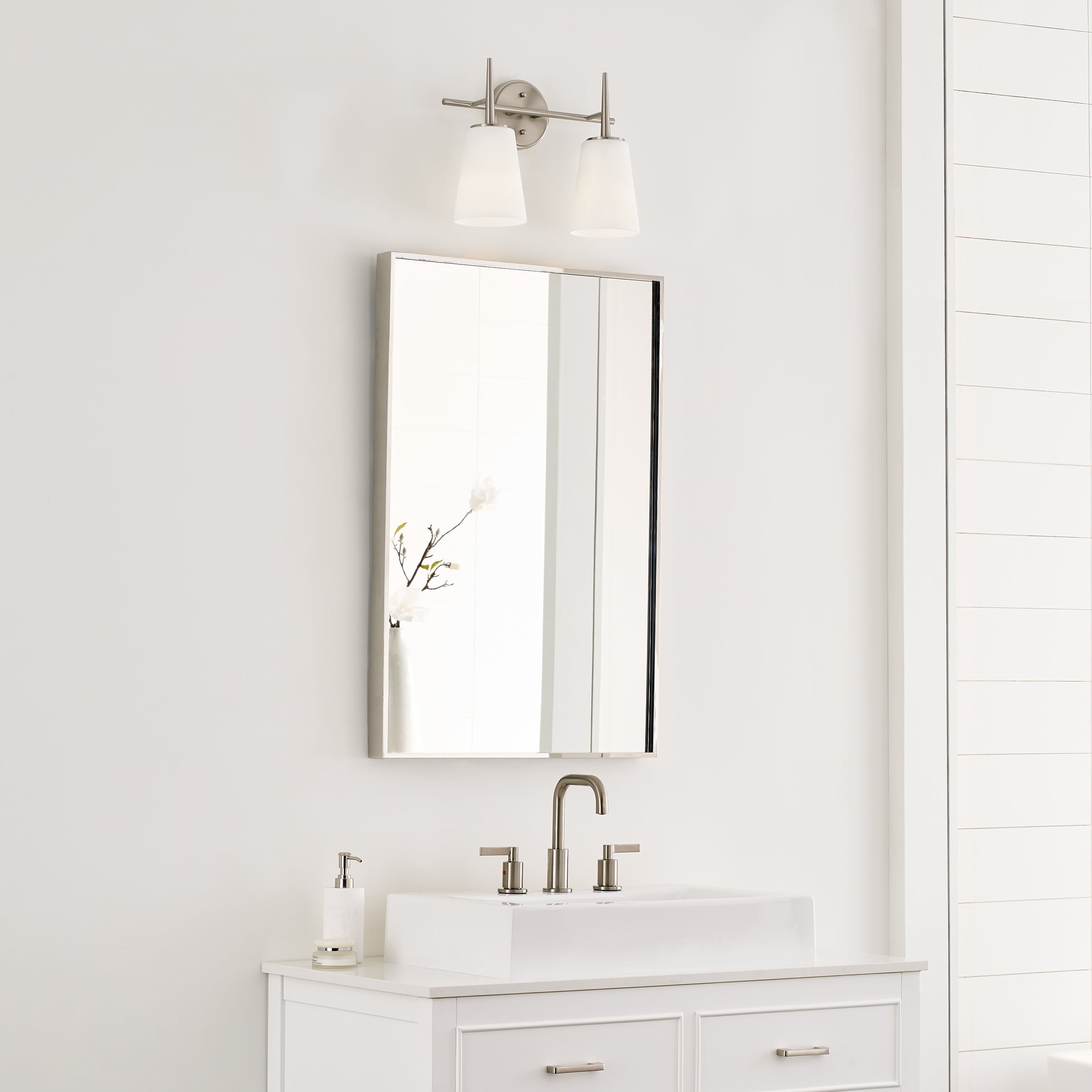 Brushed Nickel 2-Light Vanity with Opal Glass Shades