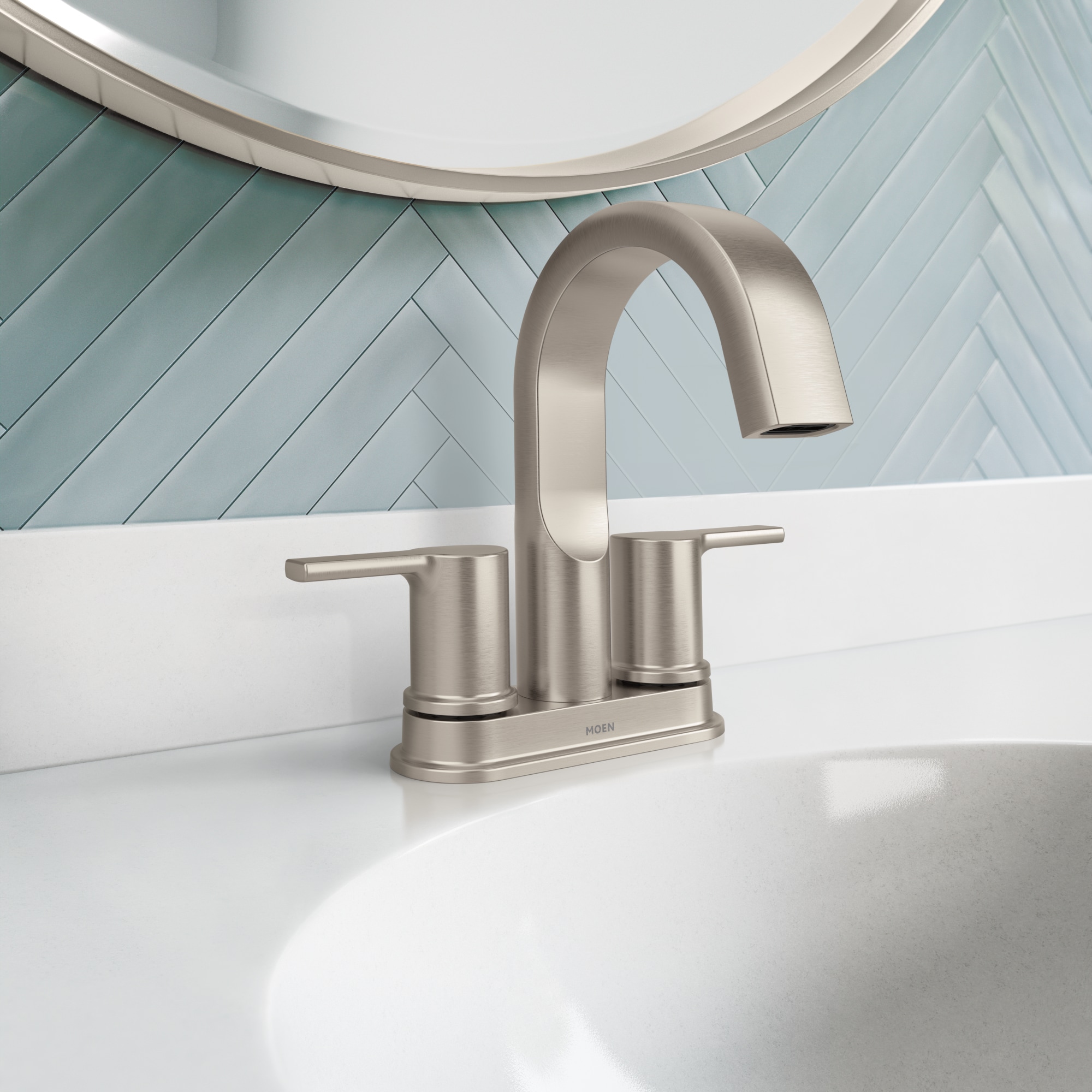 Moen 84153SRN Avri Spot Resist Brushed Nickel 4-in centerset 2-handle WaterSense High-arc Commercial/Residential Handle Bathroom Sink Faucet with Drain