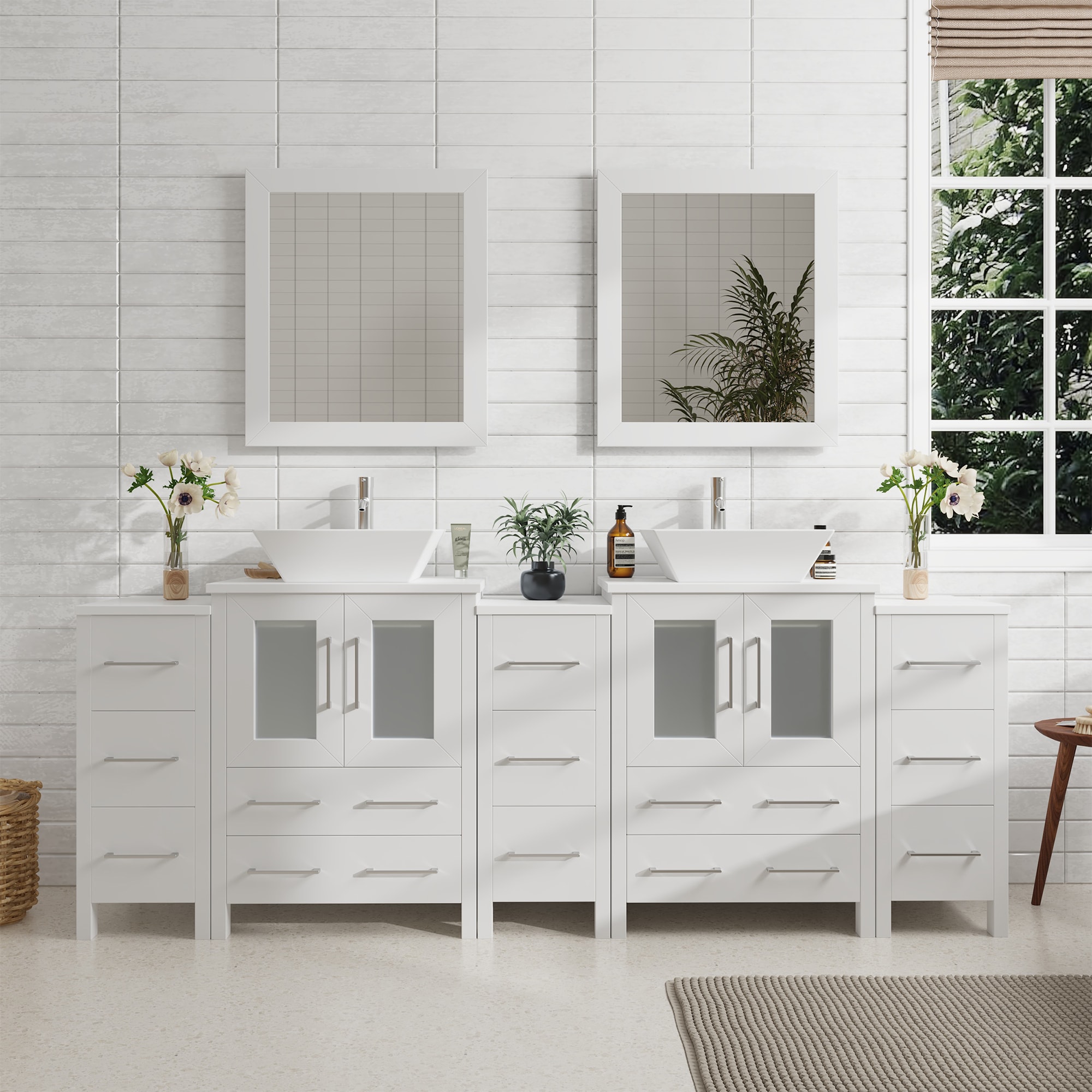 Vanity Art VA3124-84W Ravenna 84-in White Double sink Bathroom Vanity with White Engineered marble Top (Mirror Included)