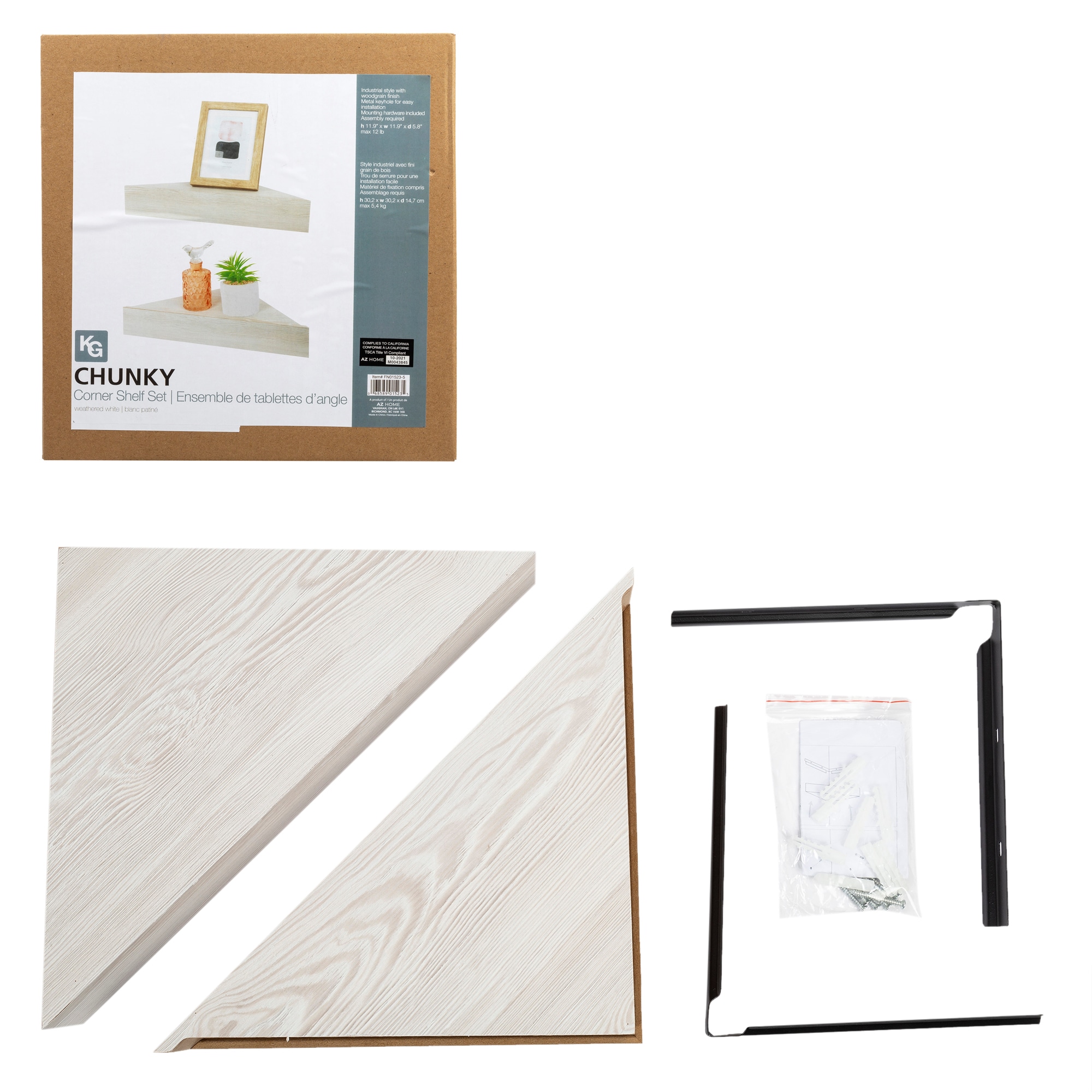 Kiera Grace FN01523-5 12-in L x 12-in D x 2.75-in H White MDF Corner Angular Floating shelf 2 Decorative Shelves