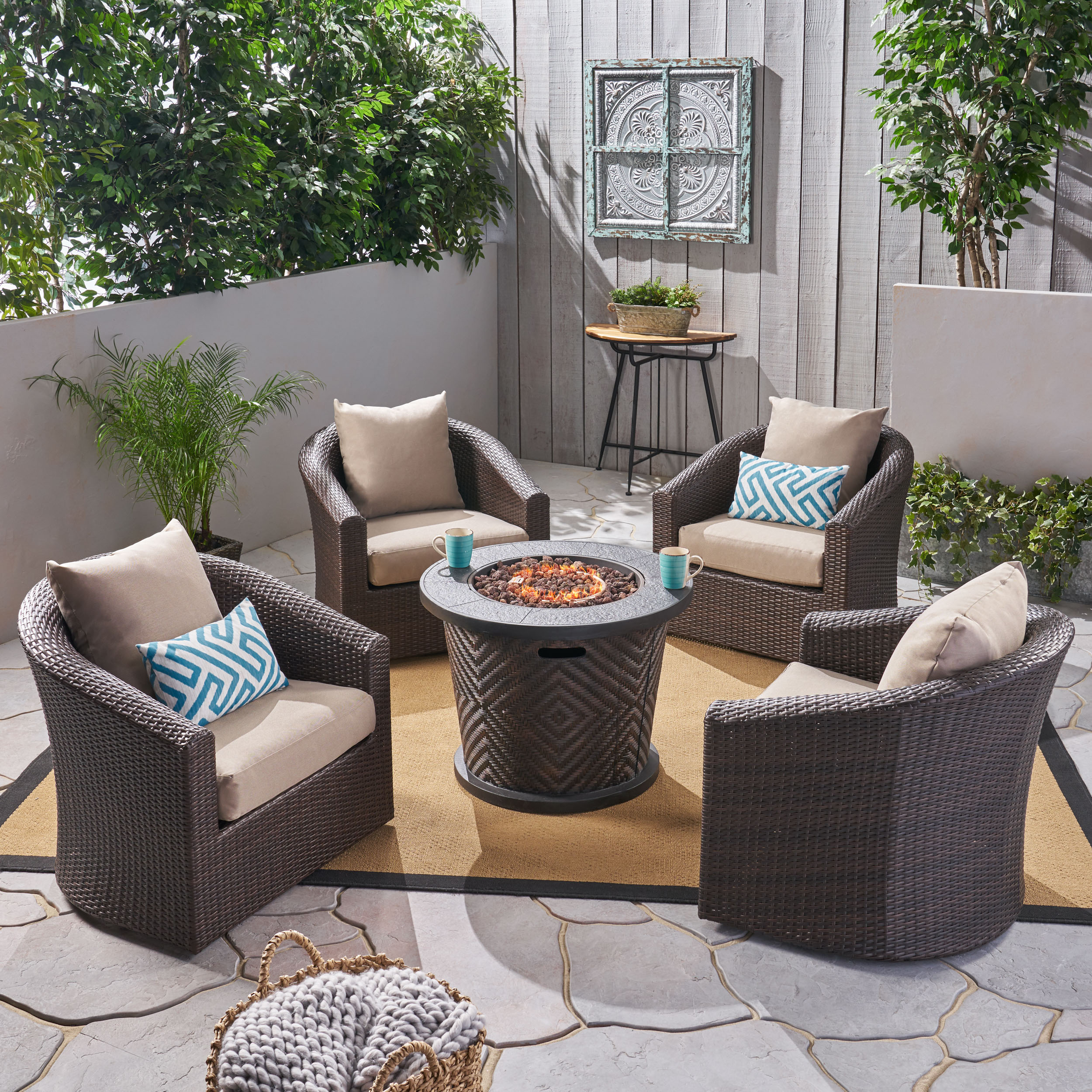 Christopher Knight Home 307806 Pollock Outdoor 4 Piece Wicker Swivel Chair Set with Fire Pit-Multi Brown, Mixed Khaki, Brown