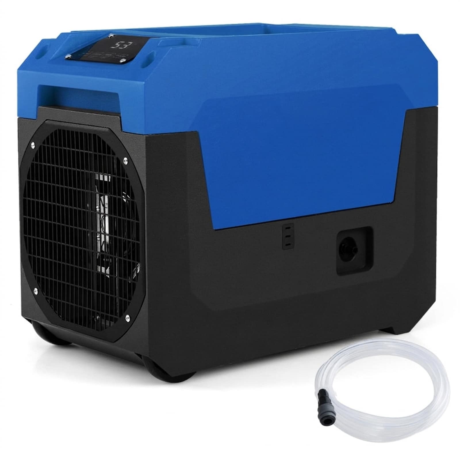 SUGIFT 140-Pint Commercial Dehumidifier with Built-In Pump and 16.5-ft Drain Hose for Basements Warehouses 1800-sq ft Coverage Digital Display 24-Hour Timer Auto Defrost Child Lock Washable Filter Rolling Wheels 500W Continuous Drainage Blue