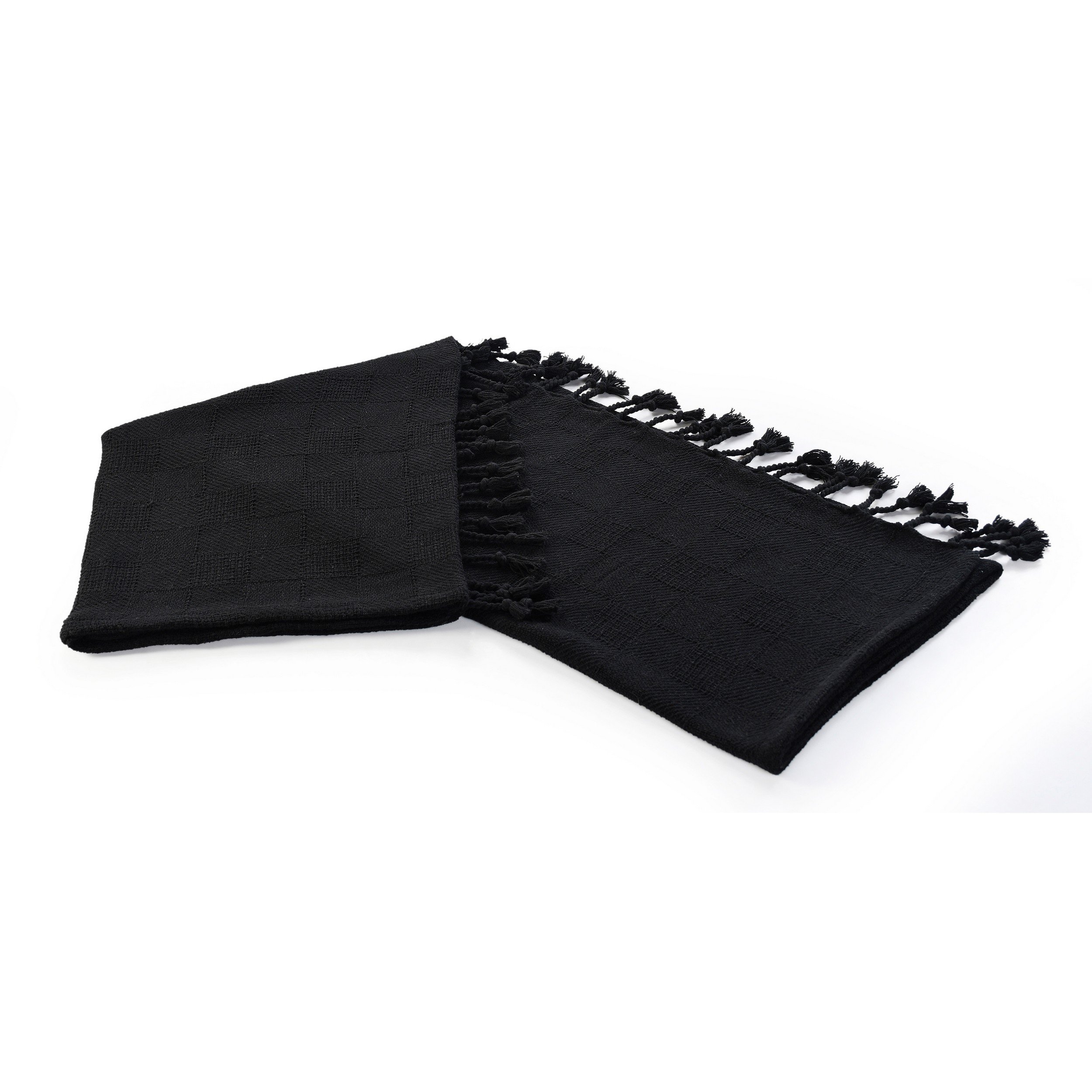 Cozy Cotton Checkered Weave Throw Blanket with Fringe - Black