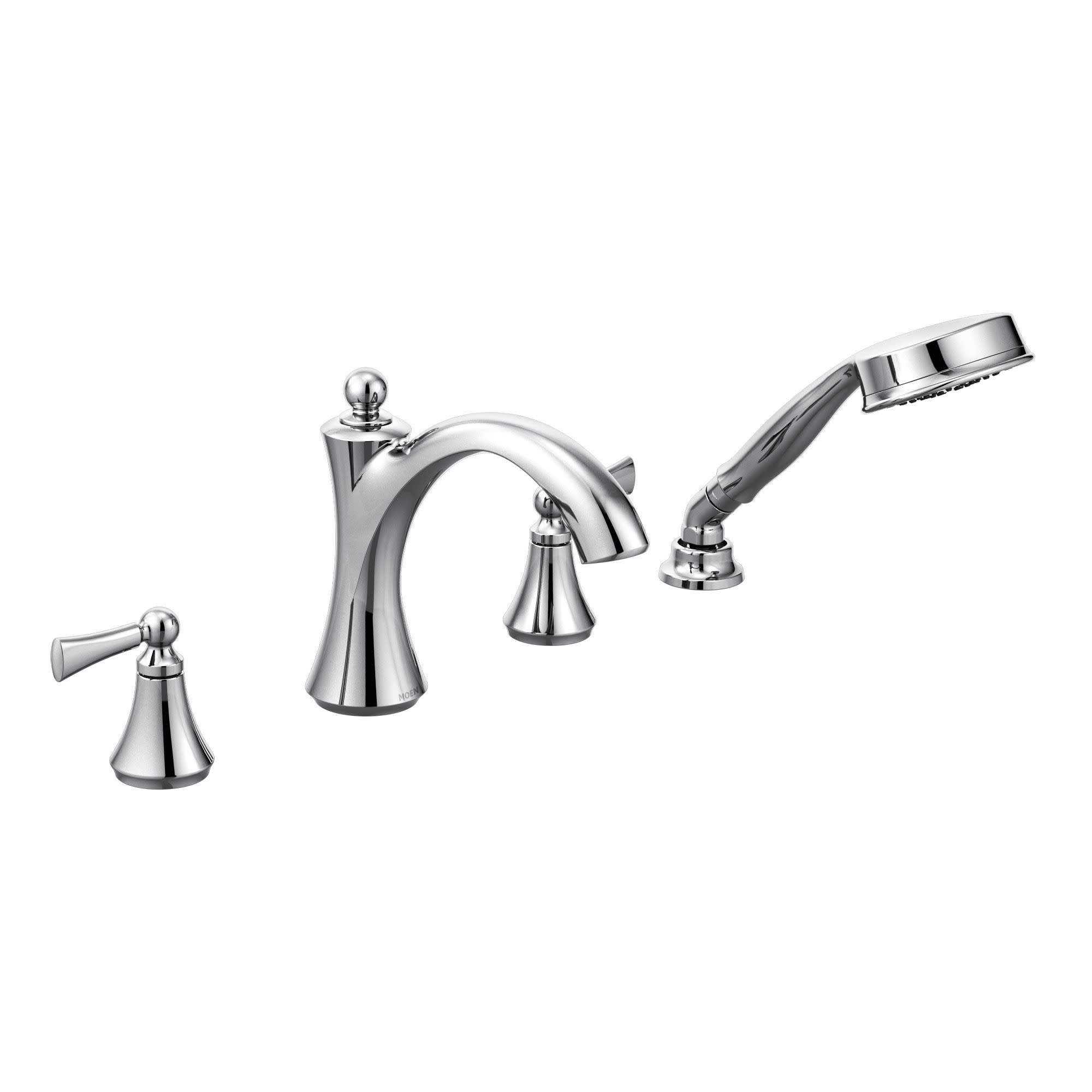 Moen T654 Wynford Chrome 2-handle Deck-mount Roman Low-arc Bathtub Faucet with Hand Shower