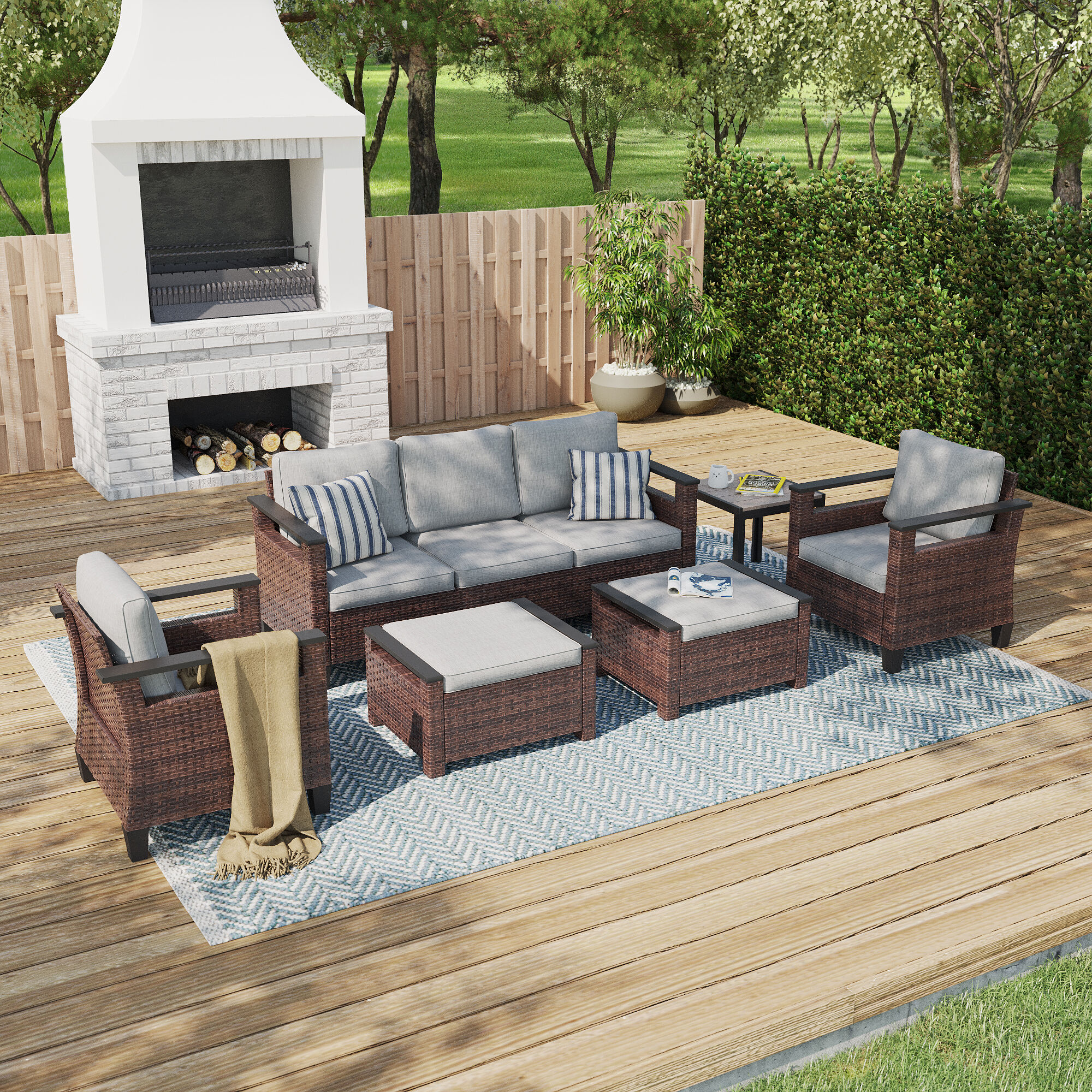 ACEGOSES LW-126BLY-T7 Skytop 6 -Piece Wicker Patio Sofa Conversation Set with Gray Cushions