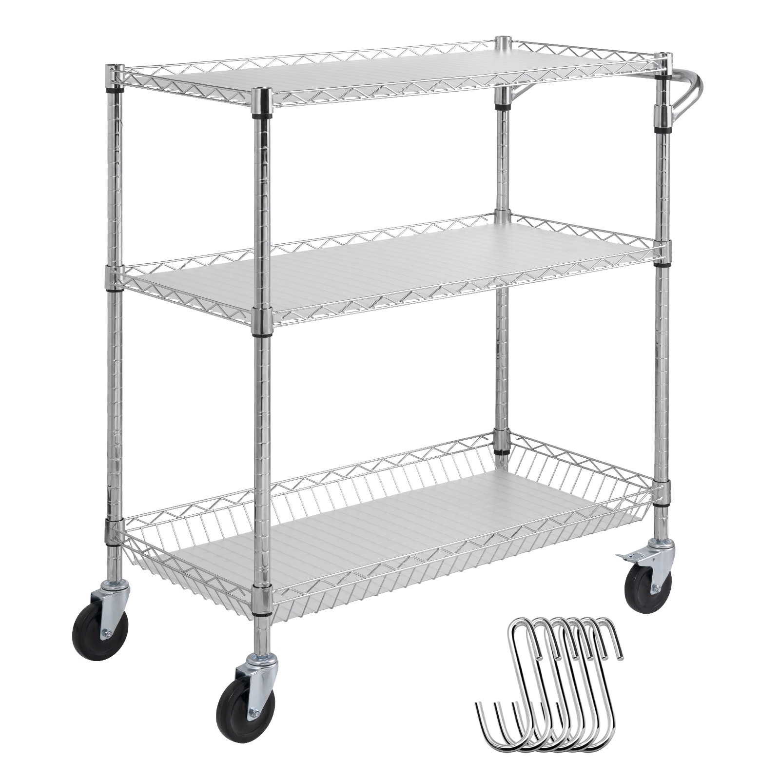 VEVOR SCWGCFTCCB3501334V0 Kitchen Utility Cart  3 Tiers  Wire Rolling Cart with 661LBS Capacity  Steel Service Cart on Wheels  Metal Storage Trolley with 80mm Basket Curved Handle PP Liner 6 Hooks  for Indoor and Outdoor