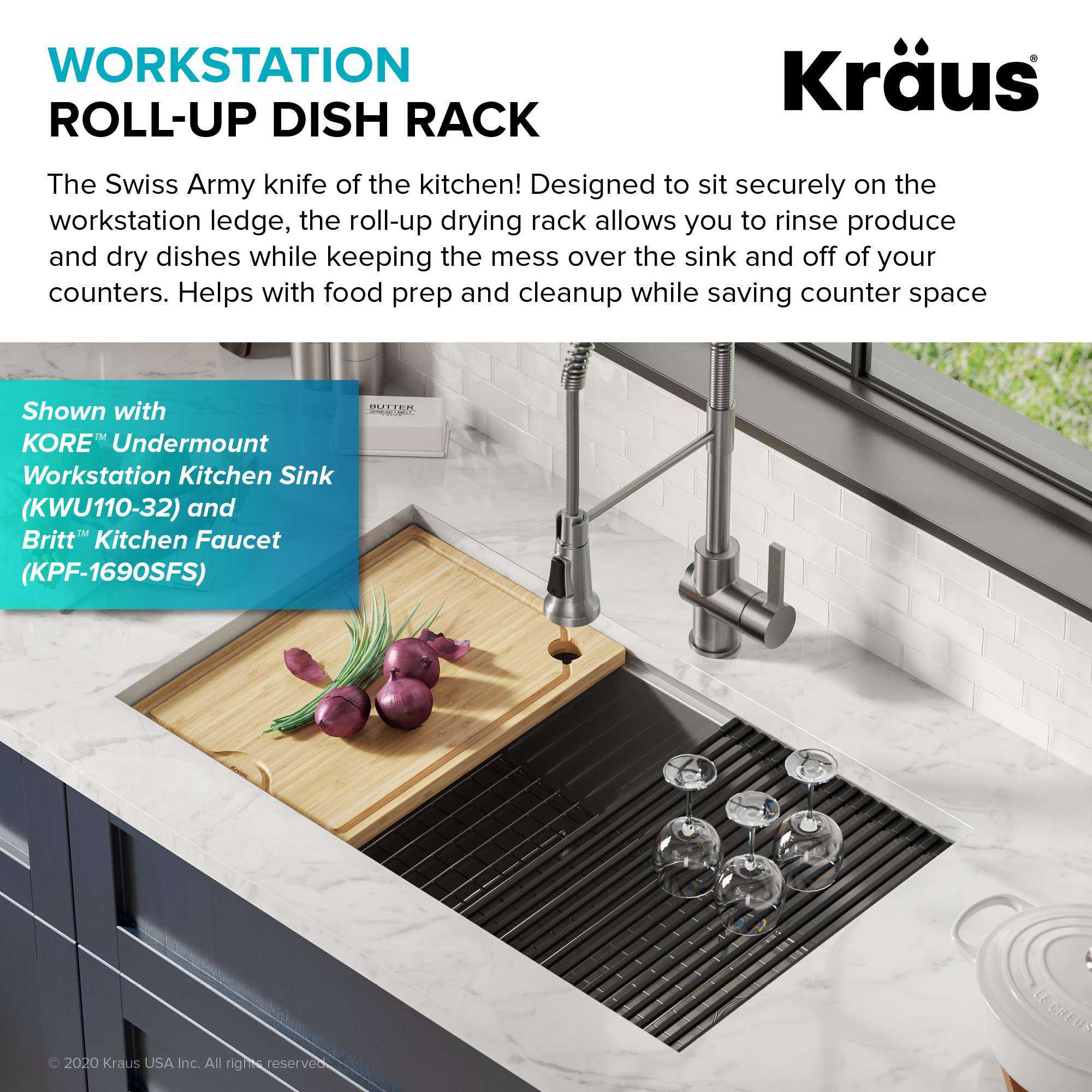 KRAUS 20.5 in. Over Sink Roll Up Dish Drying Rack in Grey KRM
