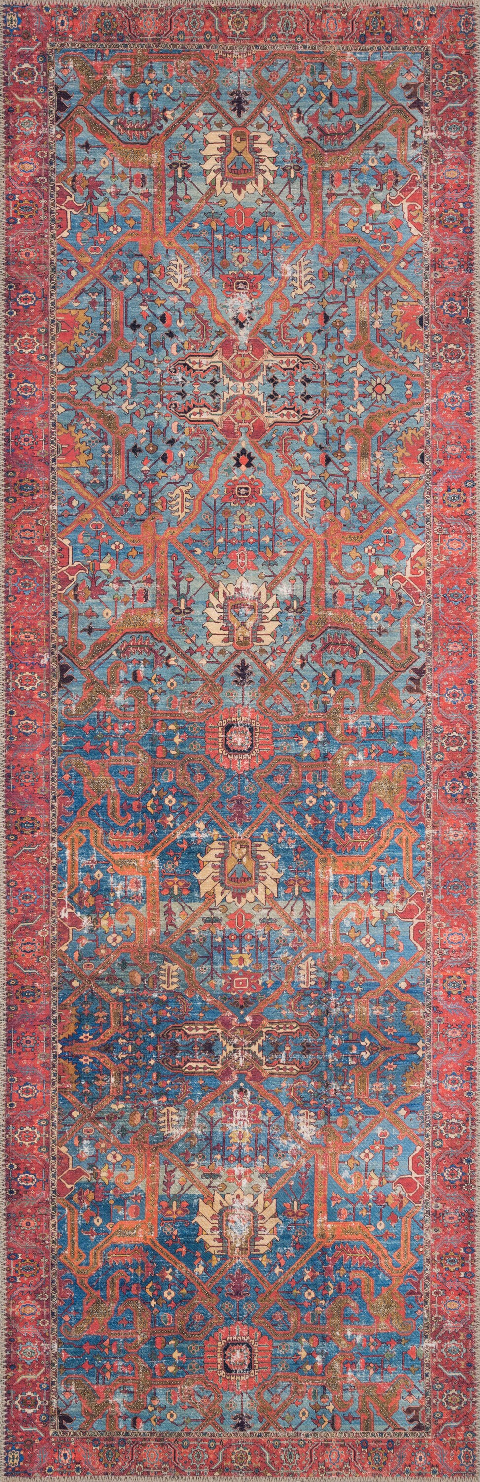Loloi II LORELQ-10BBRE2676 Loren 3 x 8 (ft) Loomed Polyester Blue / Red Rectangular Indoor Distressed/Overdyed Oriental Area rug