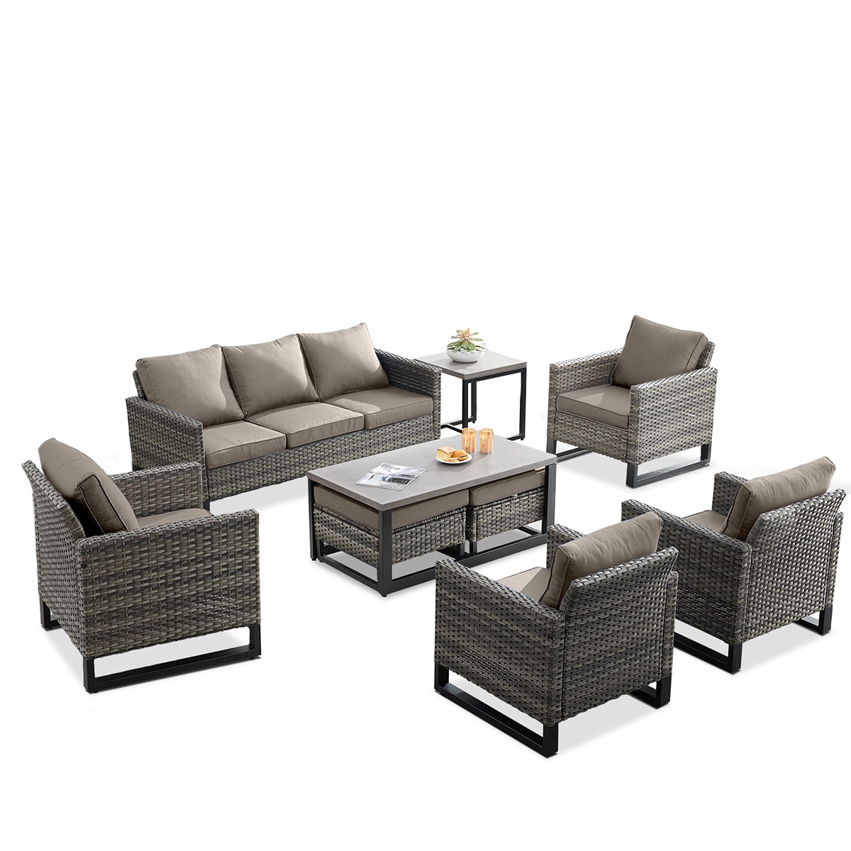 Rilyson FS062063X2065070-3 9-Piece Wicker Patio Sofa Conversation Set with Gray Cushions