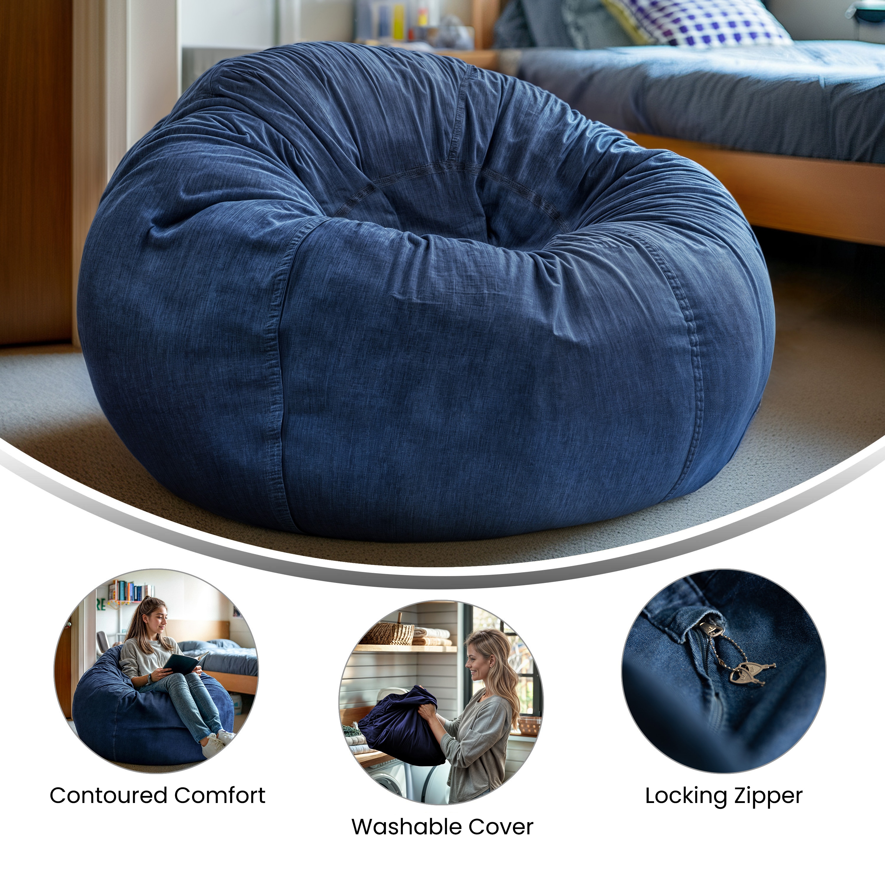 Oversized Denim Bean Bag Chair with Removable Cover