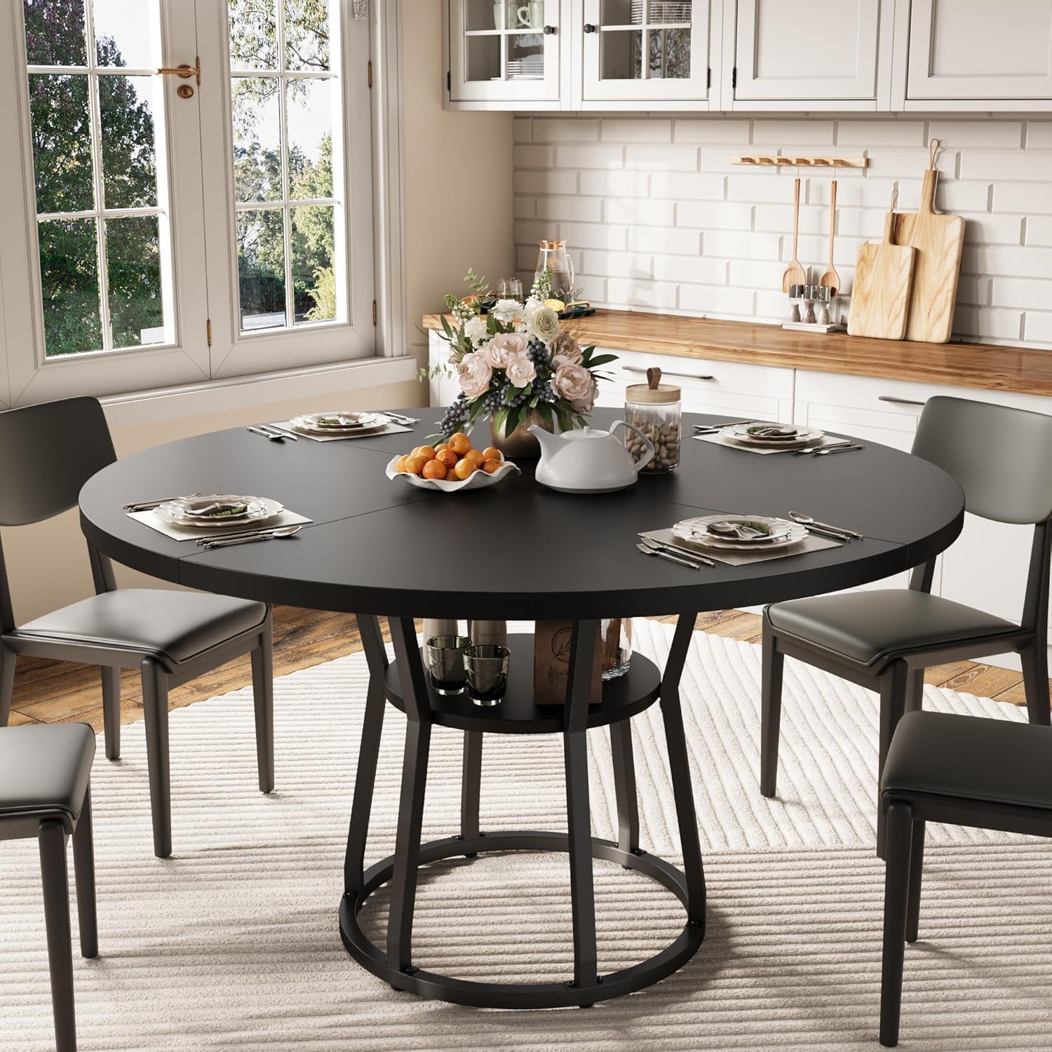 Qeetex WWJ-PHK-34MLS4PV 47 Inch Round Dining Table for 4 Space Saving  with Storage and Metal Legs Black