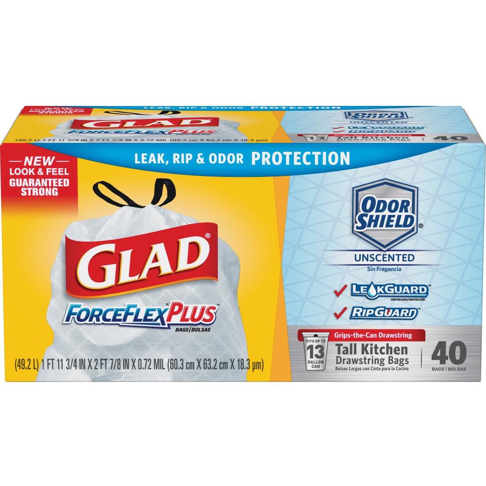 Glad ForceFlex Tall Kitchen Drawstring Trash Bags, 13 Gallon, Unscented,  120 Count. 120 Count (Pack of 1)
