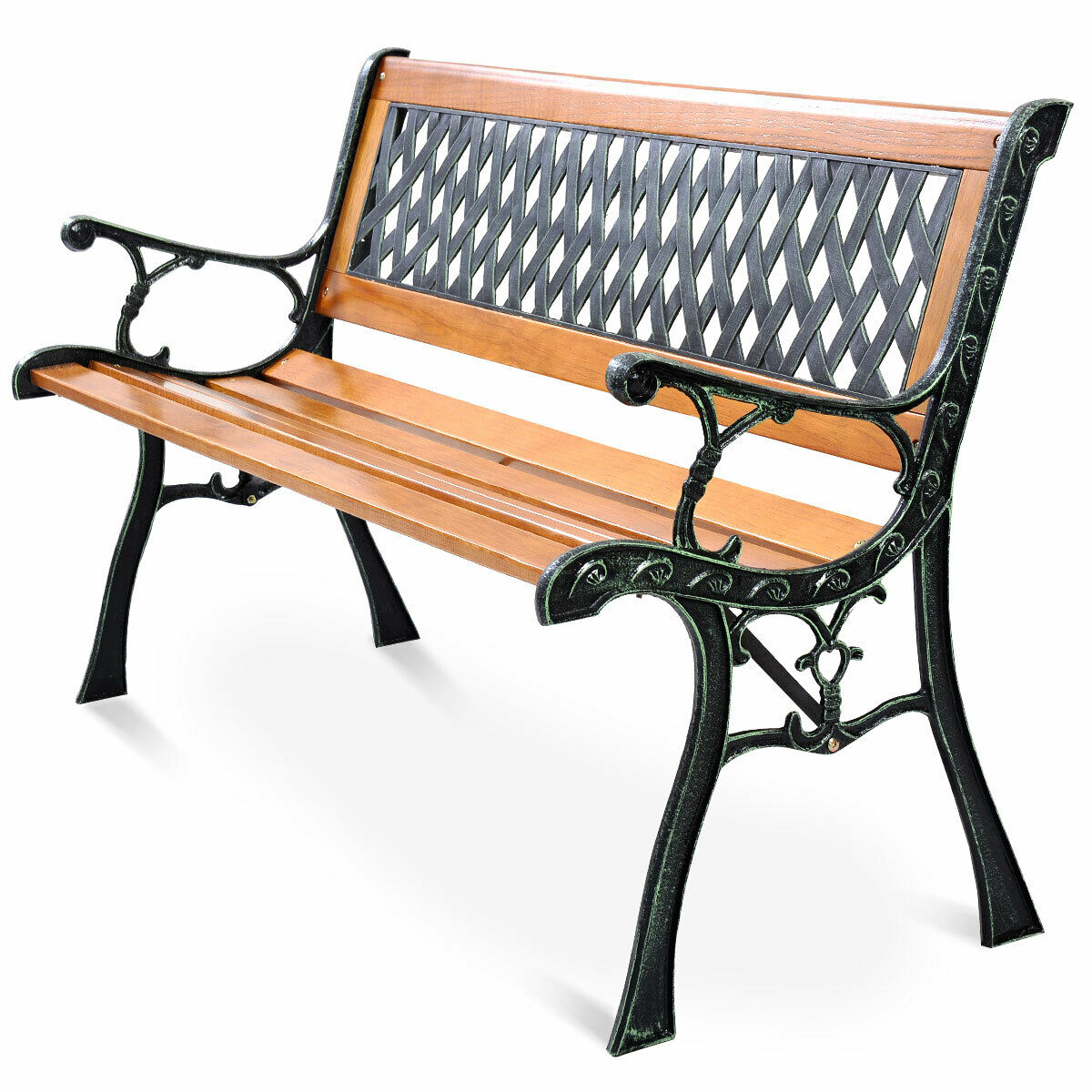 Costway Black + Natural Iron Park Bench with Arms and Back, Outdoor ...