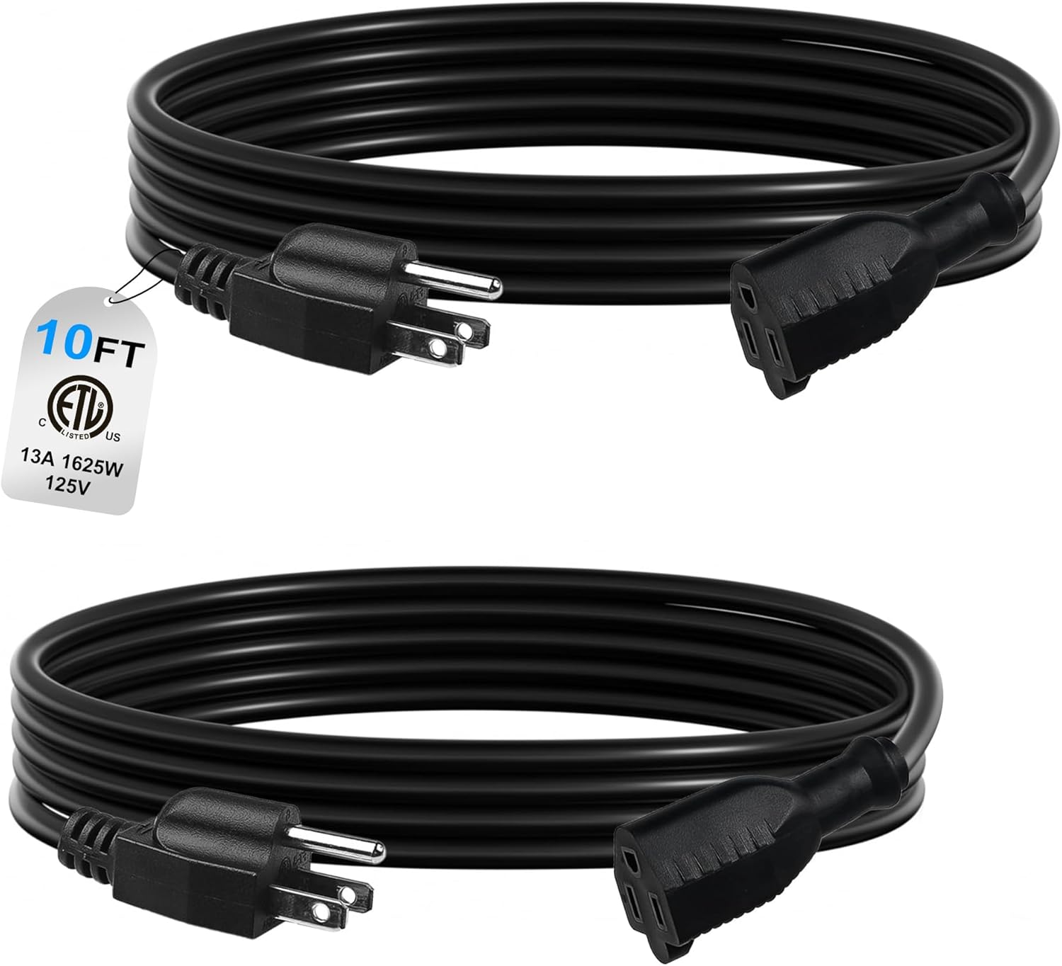 BN-LINK  2 Pack 10ft Indoor Outdoor Extension Cord 16 3 SJTW 3 Prong Weather Resistant Black