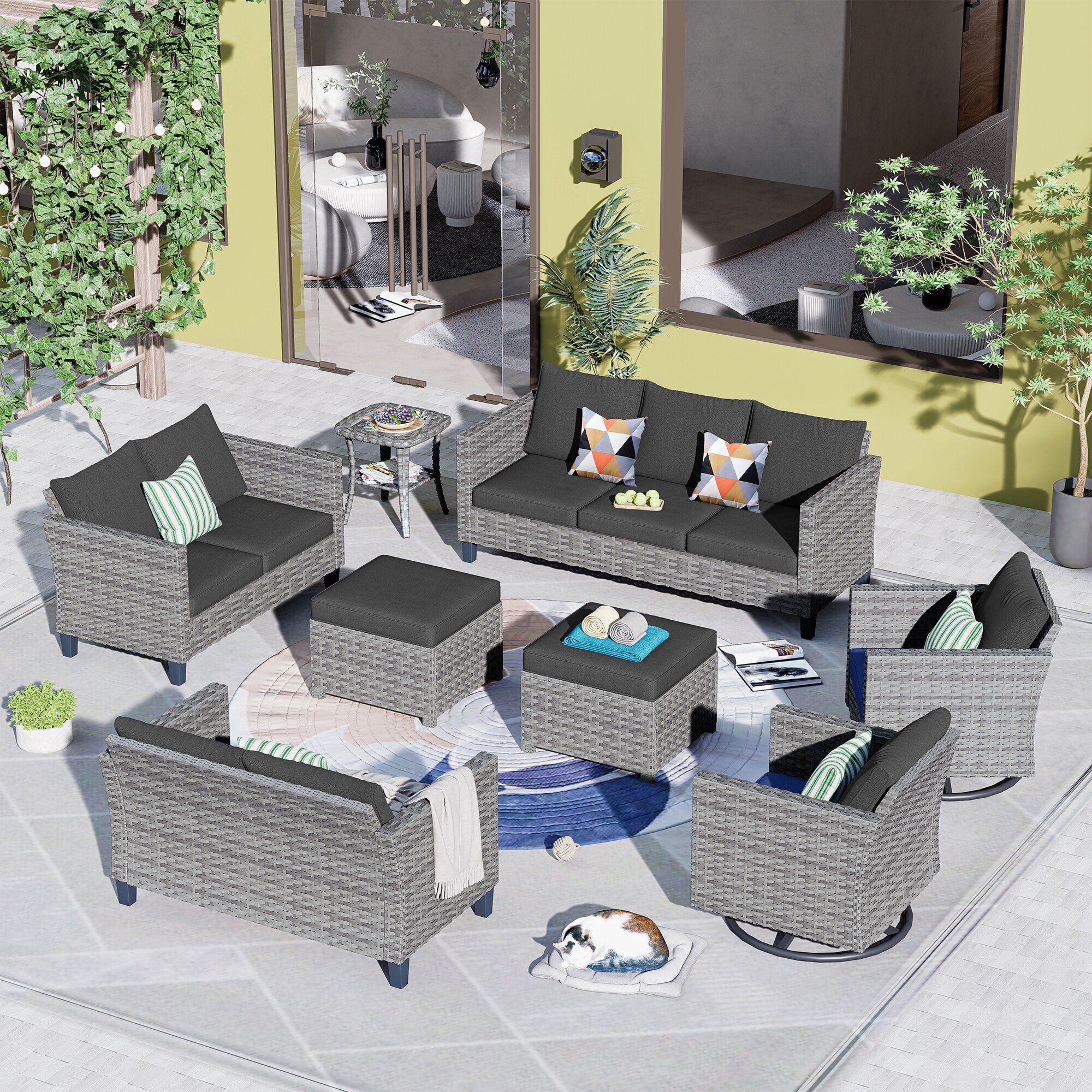 Pouuin SYZGRS10010 8 -Piece Wicker Patio Sofa Conversation Set with Black Cushions