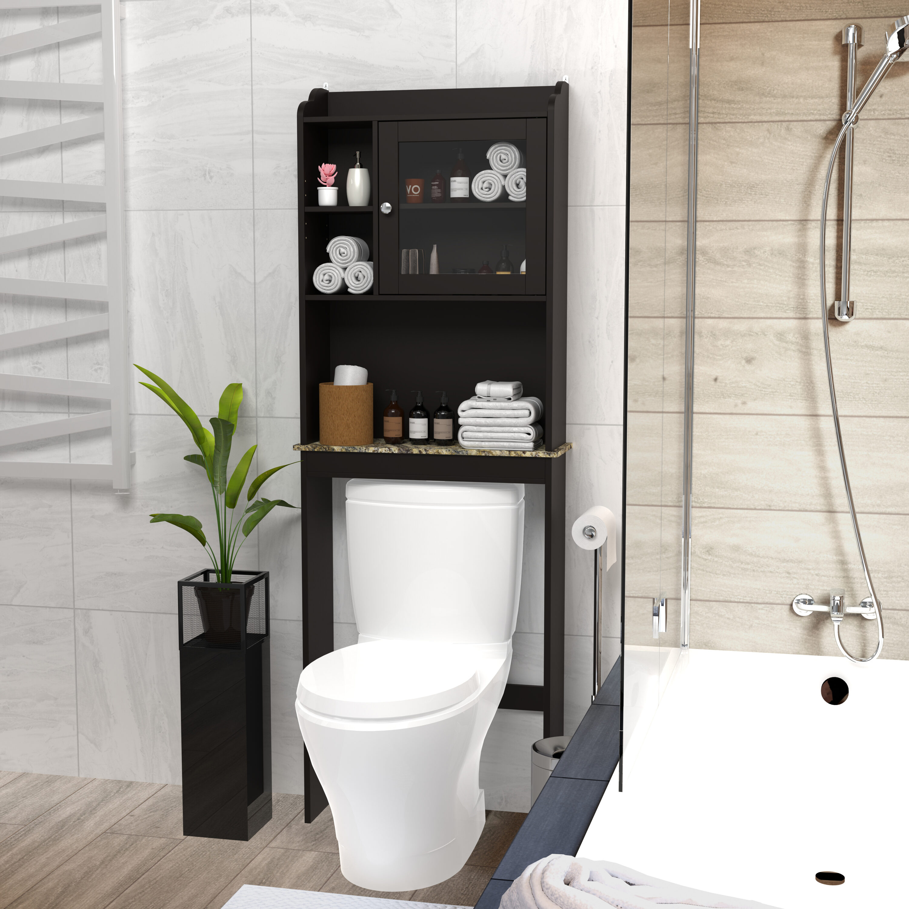 KWPZQEB 23.2in x 68.1in x7.5 in Over The Toilet Space Saver Organization MDF Storage Cabinet for Home Bathroom - Espresso