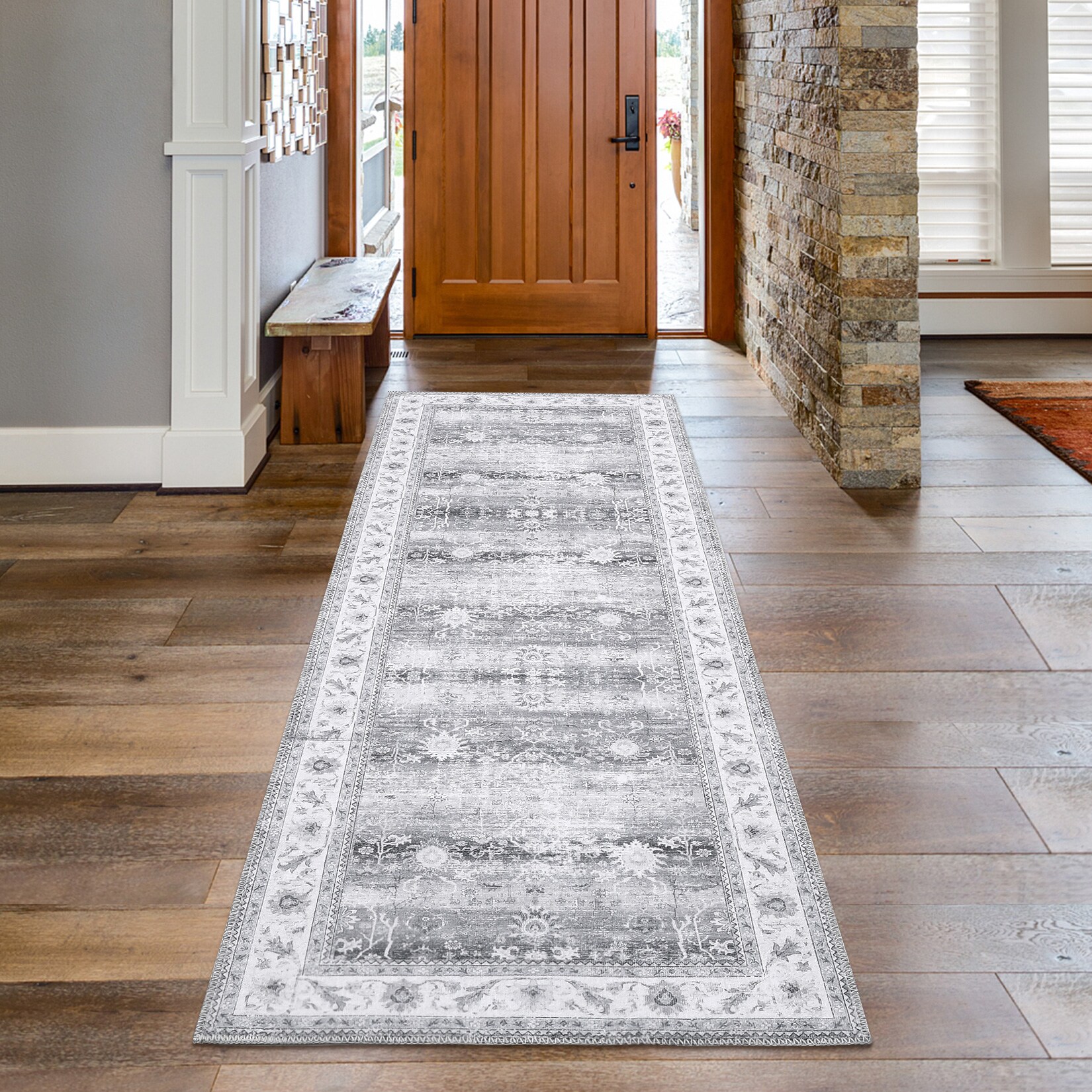 Garvee YXY-LO-PHO-0XT3HRKP 2 x 10 (ft) Microfiber Gray Rectangular Indoor Floral/Botanical Persian Machine washable Runner rug