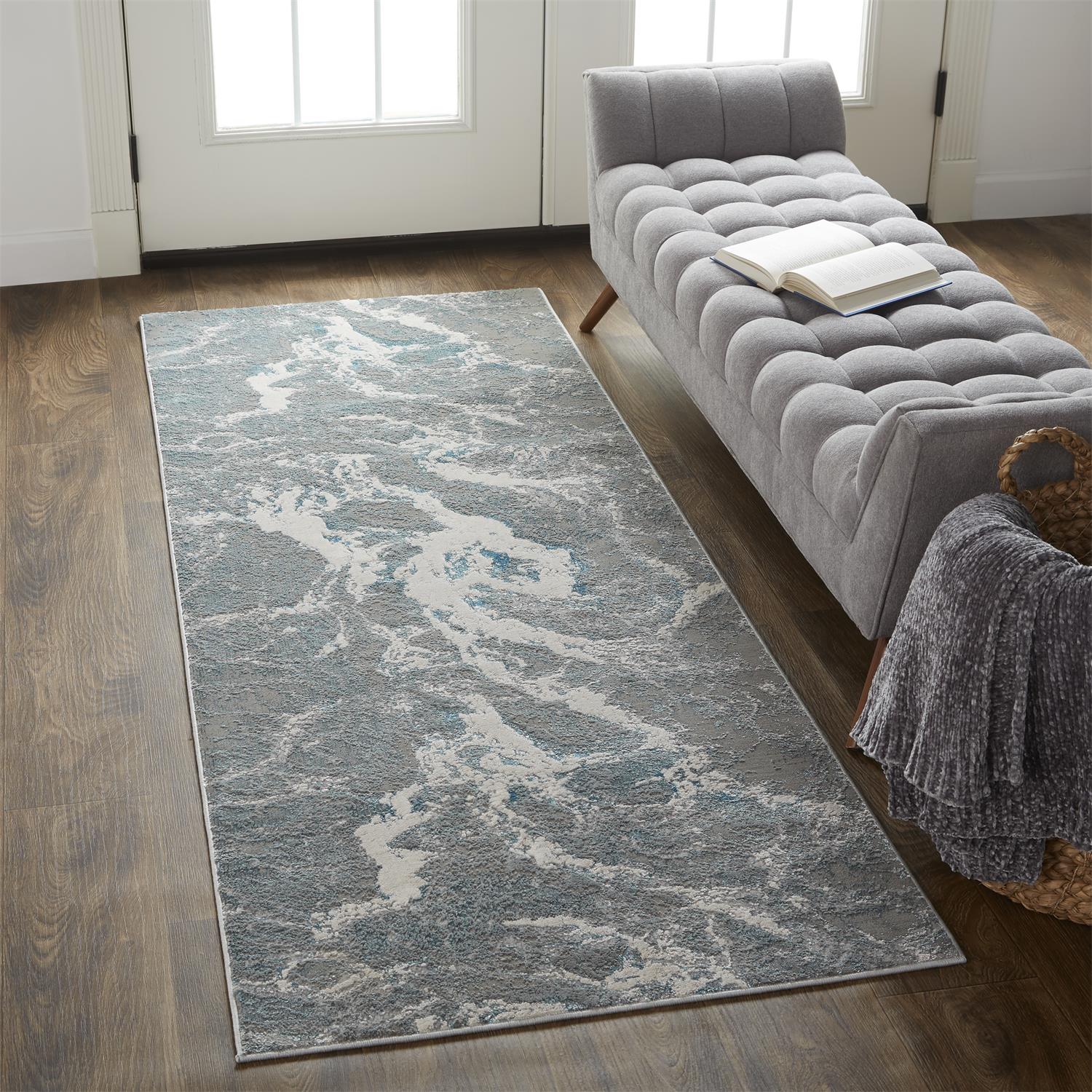 Azure Silver Gray and Blue Abstract Runner Rug 2'10" x 7'10"