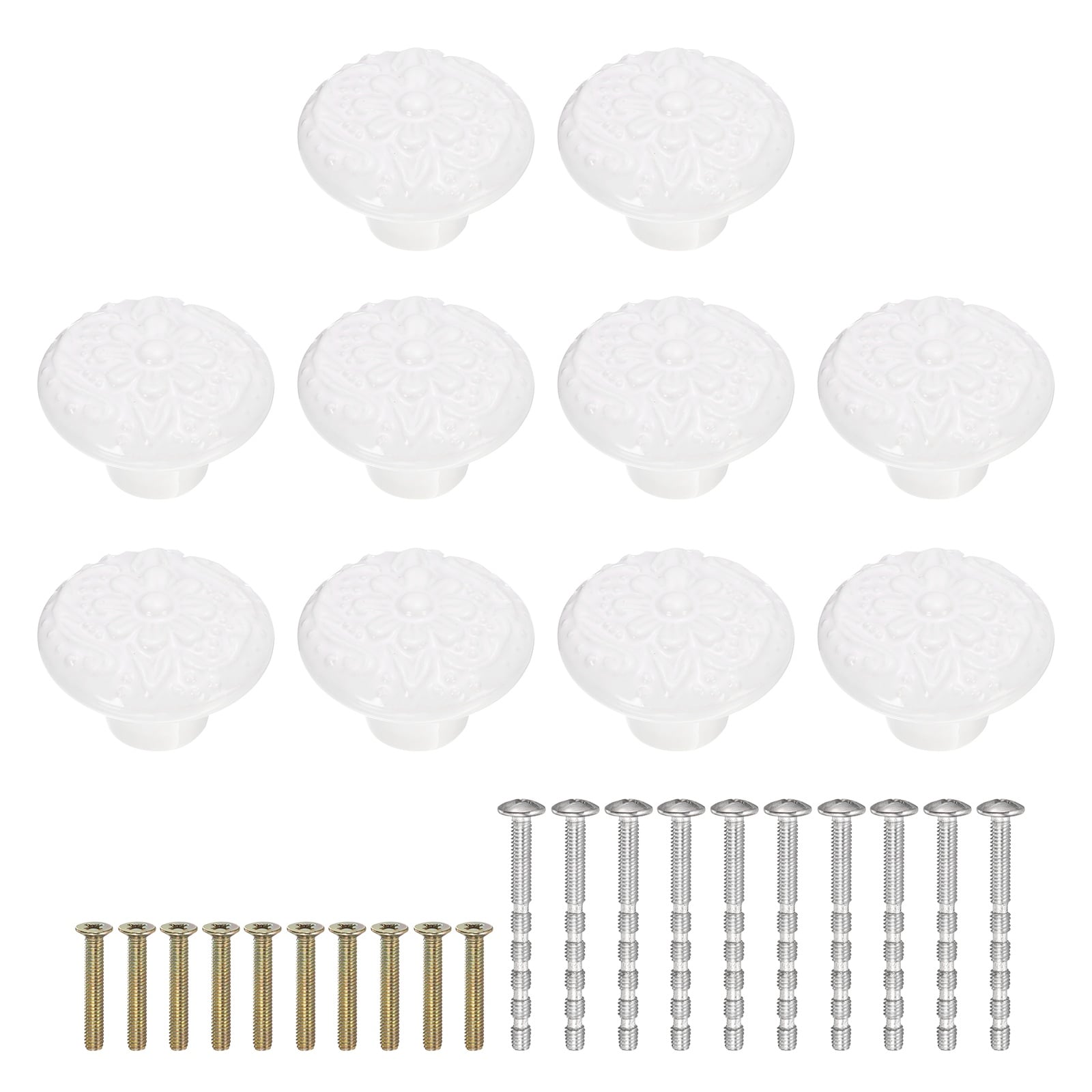 Unique Bargains 10pcs Ceramic Knobs 34mm/1.34 Inch  Flower Pattern Mushroom Knob Drawer Pull Handle Vintage Wardrobe Knobs with Screws for Vanity Bedroom Furniture Closet White