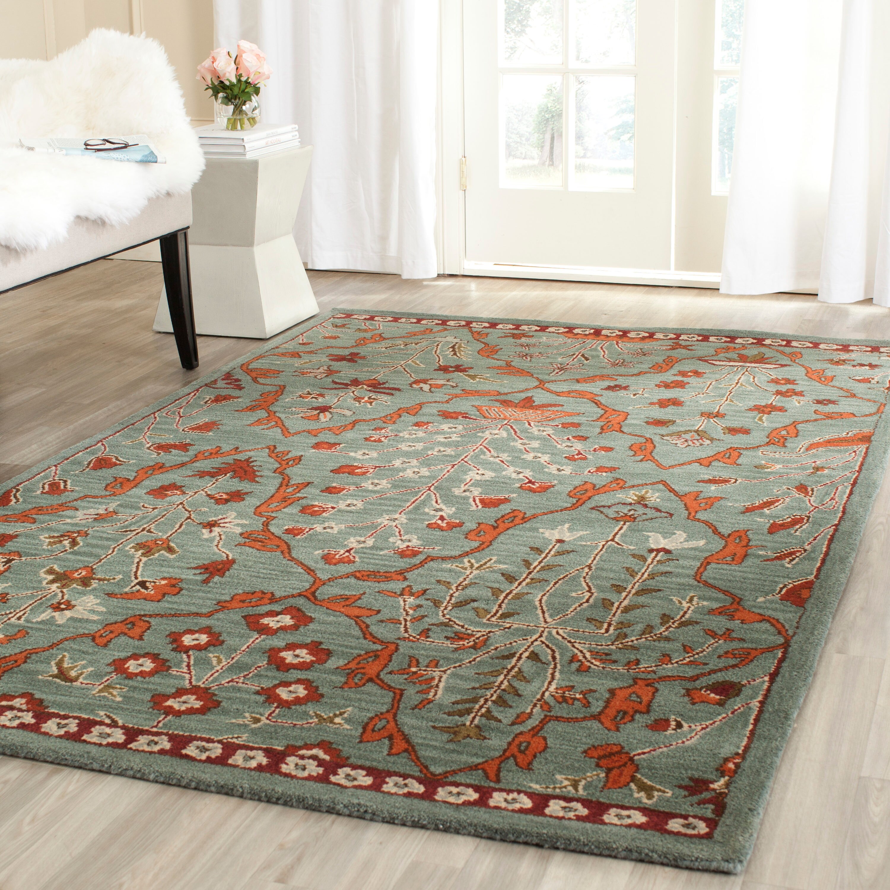 Handmade Wyndham Floral Geometric Blue Wool Area Rug 9' x 12'