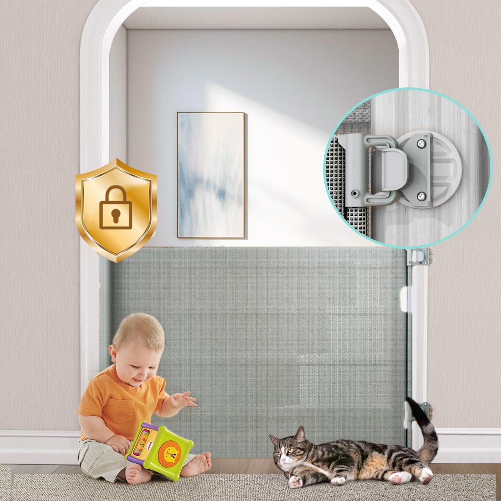 Adrinfly  No Drill Retractable Baby Gate for Stairs 33 Inches Tall Extends to 55 Inches Wide Mesh Gate with Double Lock for Doorways Hallways