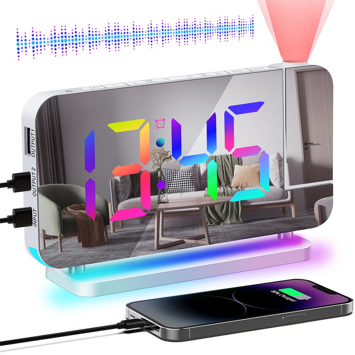 Phewnyzo  Projection Alarm Clock for Bedroom Ceiling with RGB Digital Display 10 Color Night Light Loud Alarm USB C Charger Port Snooze 12 24