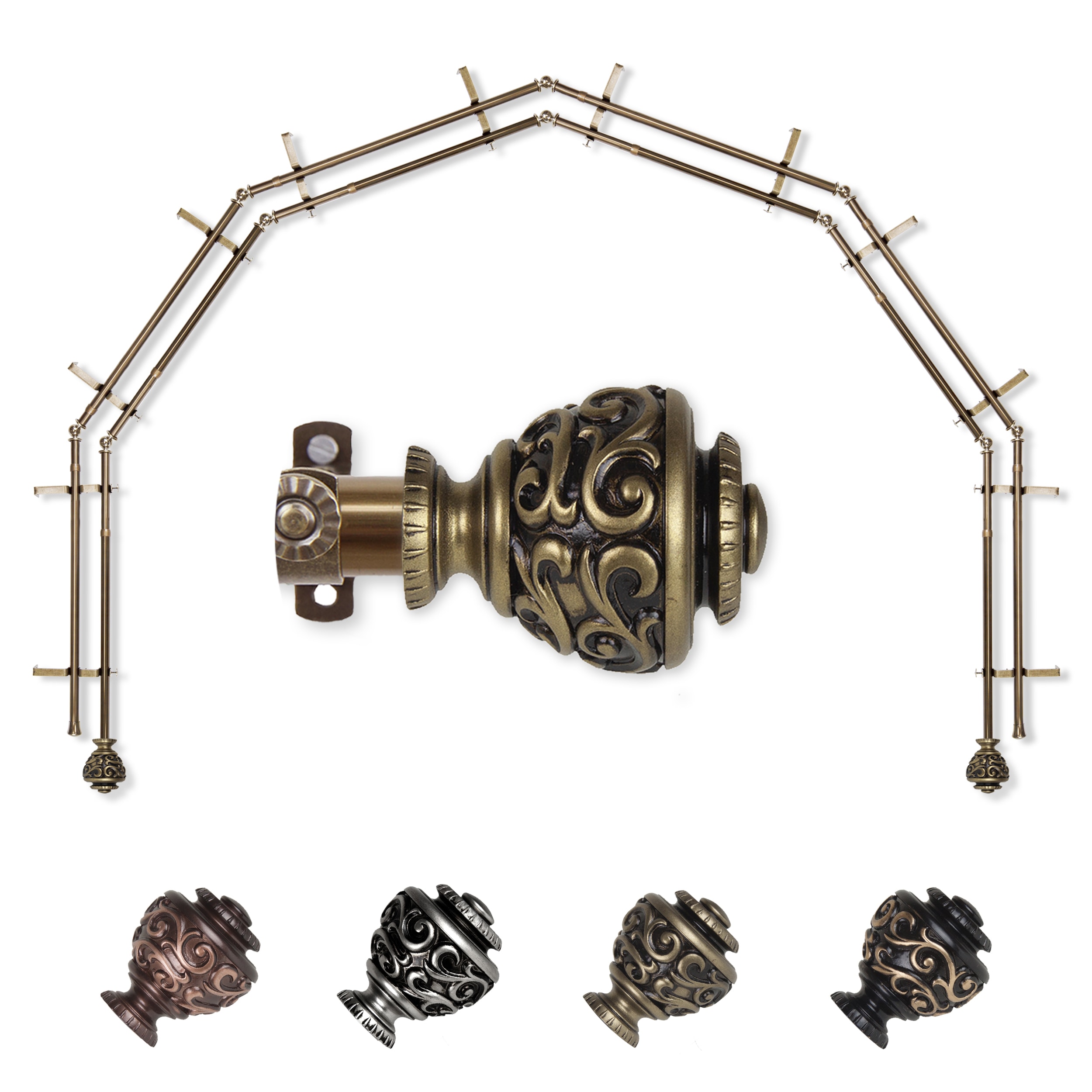 Hart & Harlow L-6BAY-89-4D Gianna 6-Sided Double Bay Antique brass Steel Bay window curtain rod with Finials