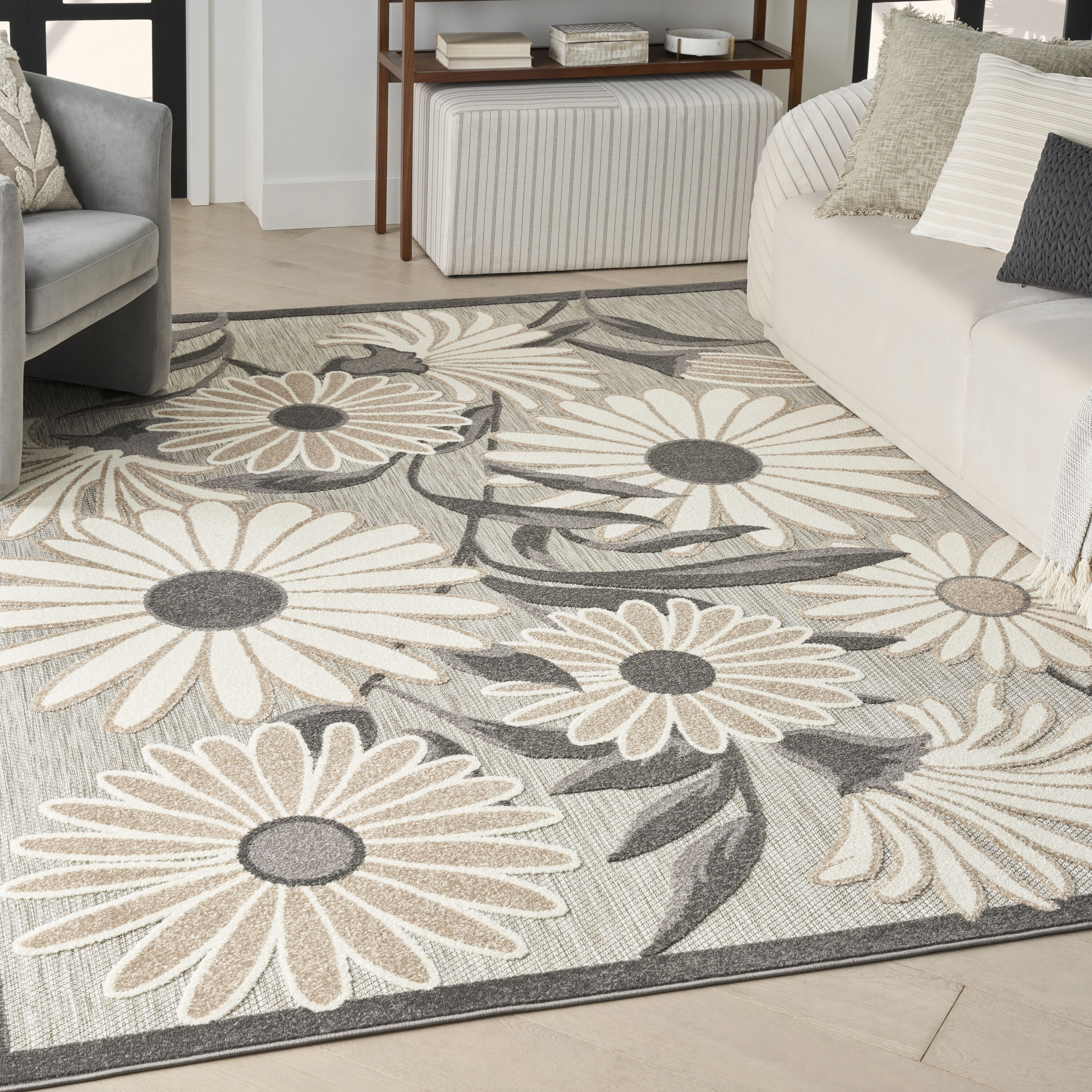 Nourison 099446171030 Aloha 6 x 9 (ft) Loomed Polypropylene Beige Rectangular Indoor/Outdoor Floral/Botanical Tropical Area rug