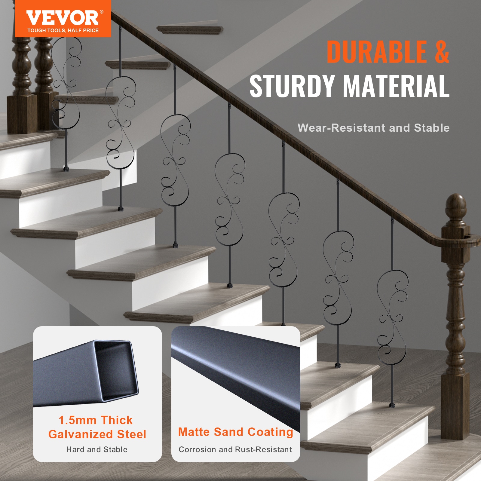 VEVOR Staircase Metal Balusters 3.67-ft x 0.8-in Black Steel Deck Stair ...