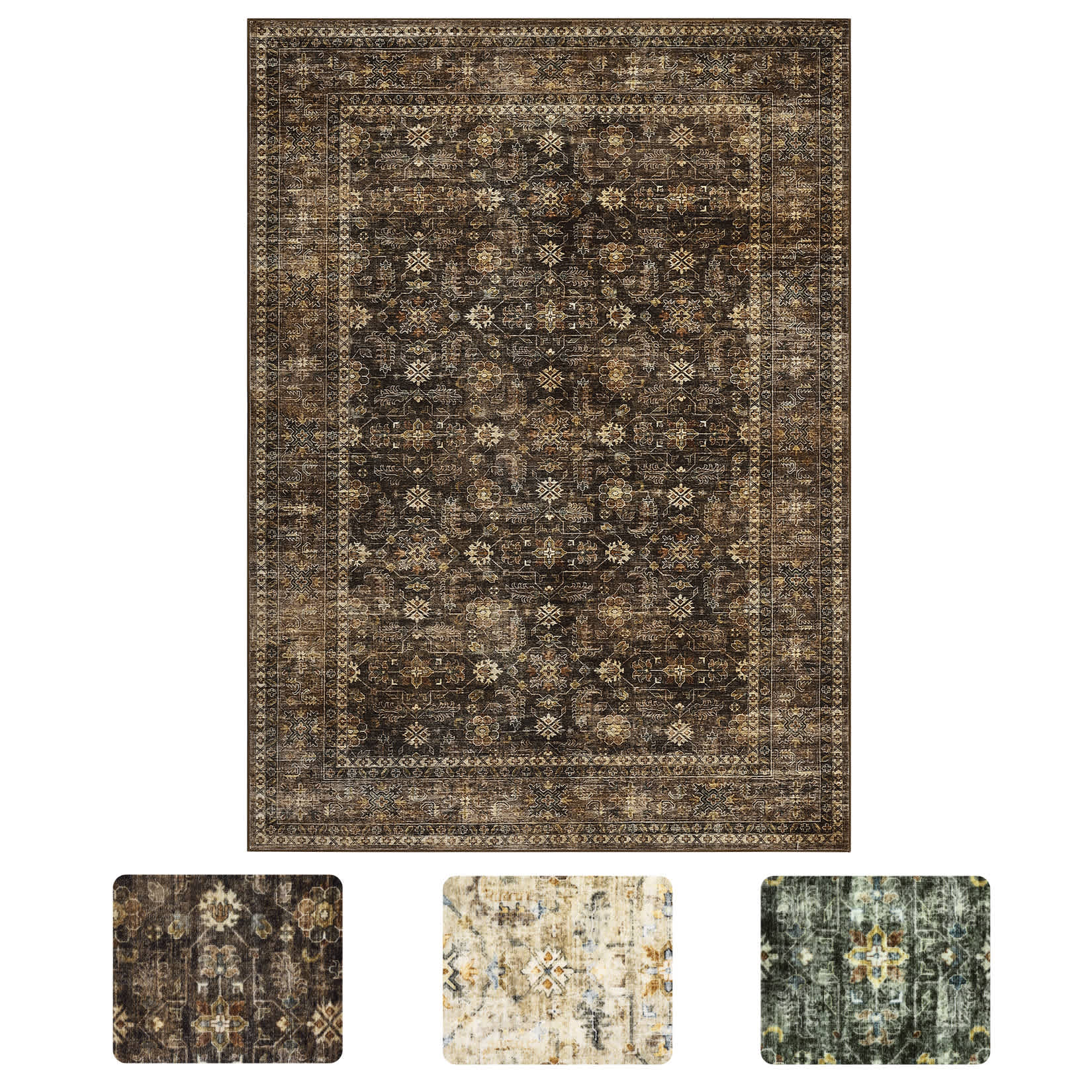 Qeetex LSN-PHO-34DWC6JY 9 x 12 ft Polyester Cashmere Imitation Brown Rectangular Hallway Bathroom Entryway Kitchen Office Foldable Flower Printed Persian Washable Area Rug