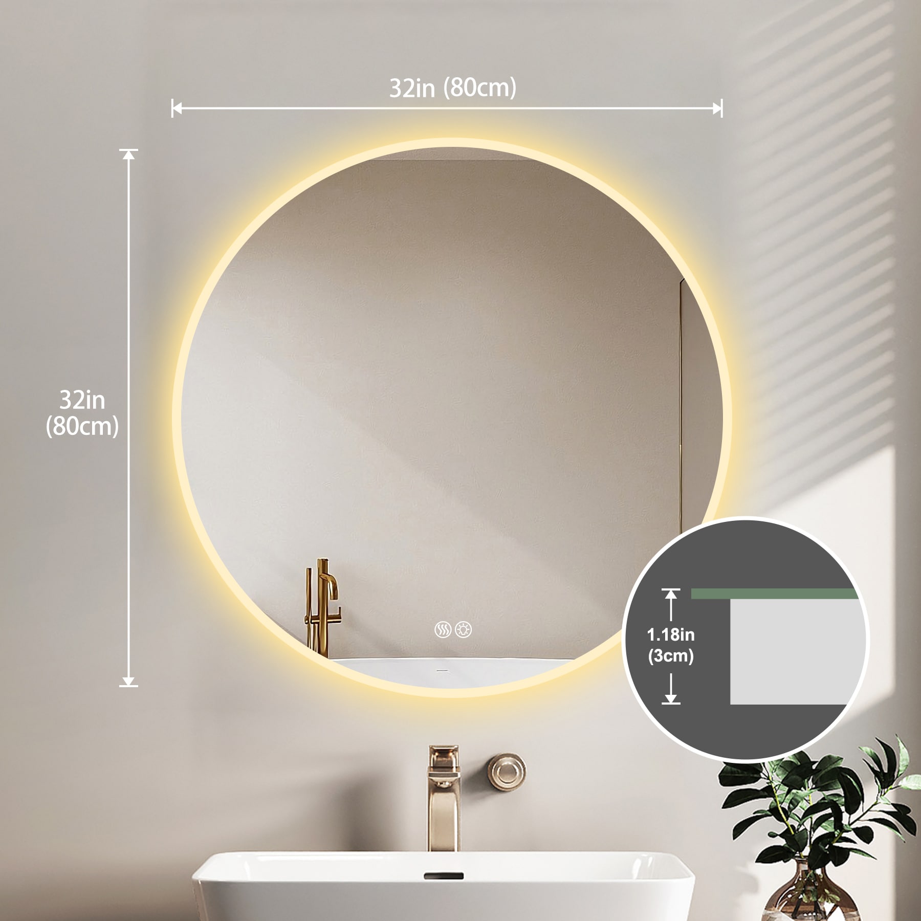 AAZJ LD-P242511 Round LED Bathroom Mirror 32-in x 32-in Beveled Frameless Round Dimmable LED Lighted Fog Free Bathroom Vanity Mirror ( Silver )