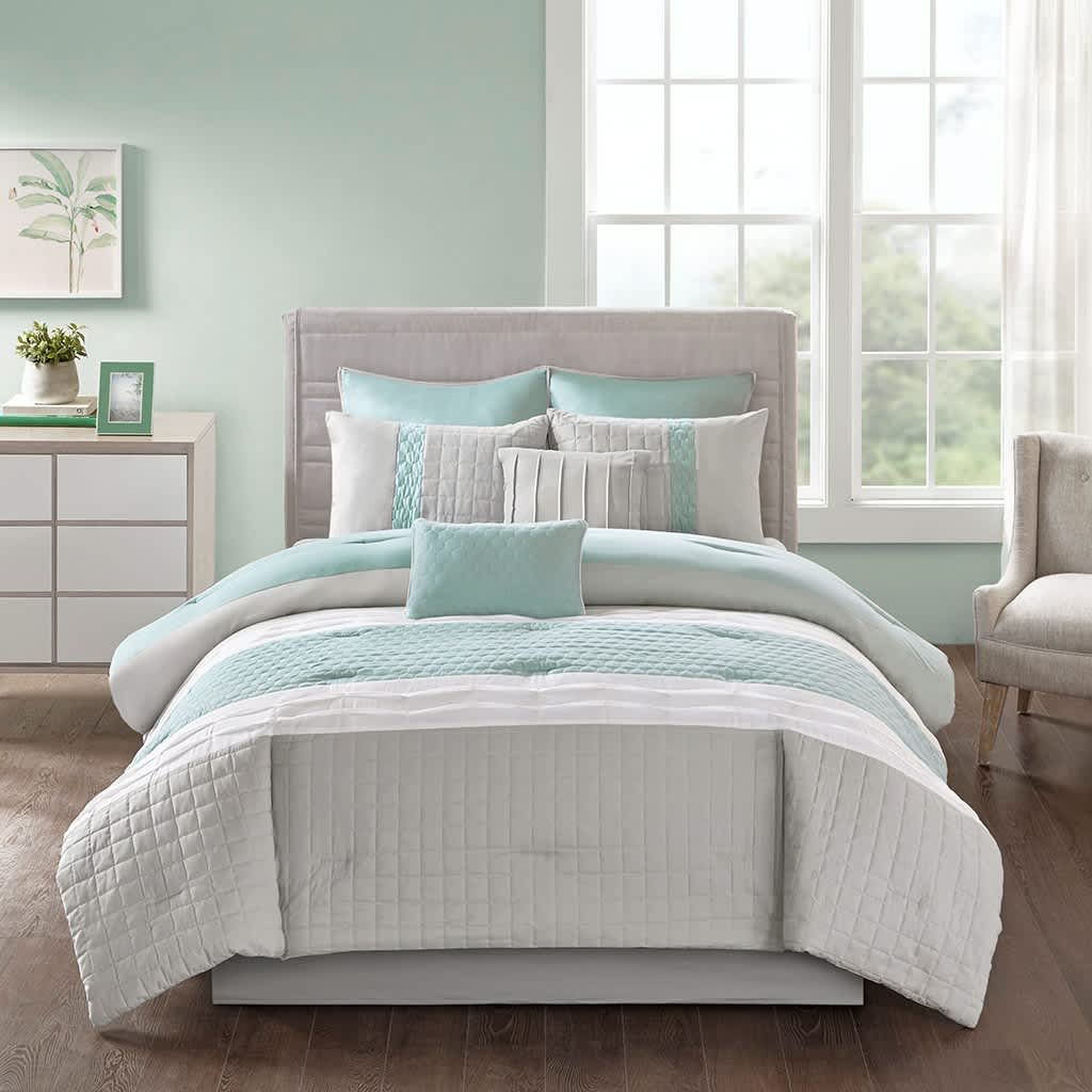 Vynxaria LEXY1505-DJWS-CP272 Series Seafoam gray Transitional Style Ultra Soft Microfiber with Polyester Fill Queen 8 Piece Comforter Set Blanket