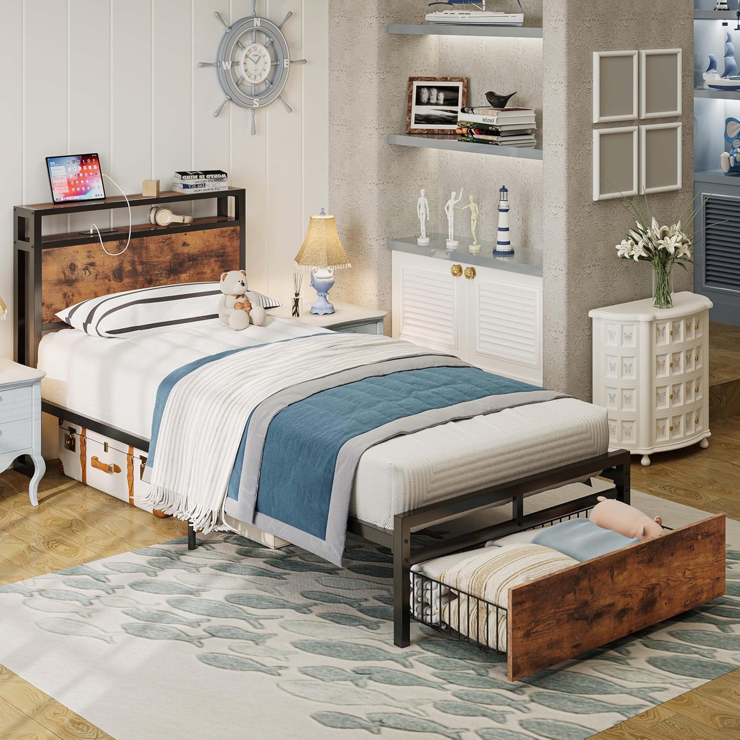 Likimio 9ZW7UBCVAE3LYRQL 40.7-in W Vintage Brown Bed Frame with Drawer and Outlets