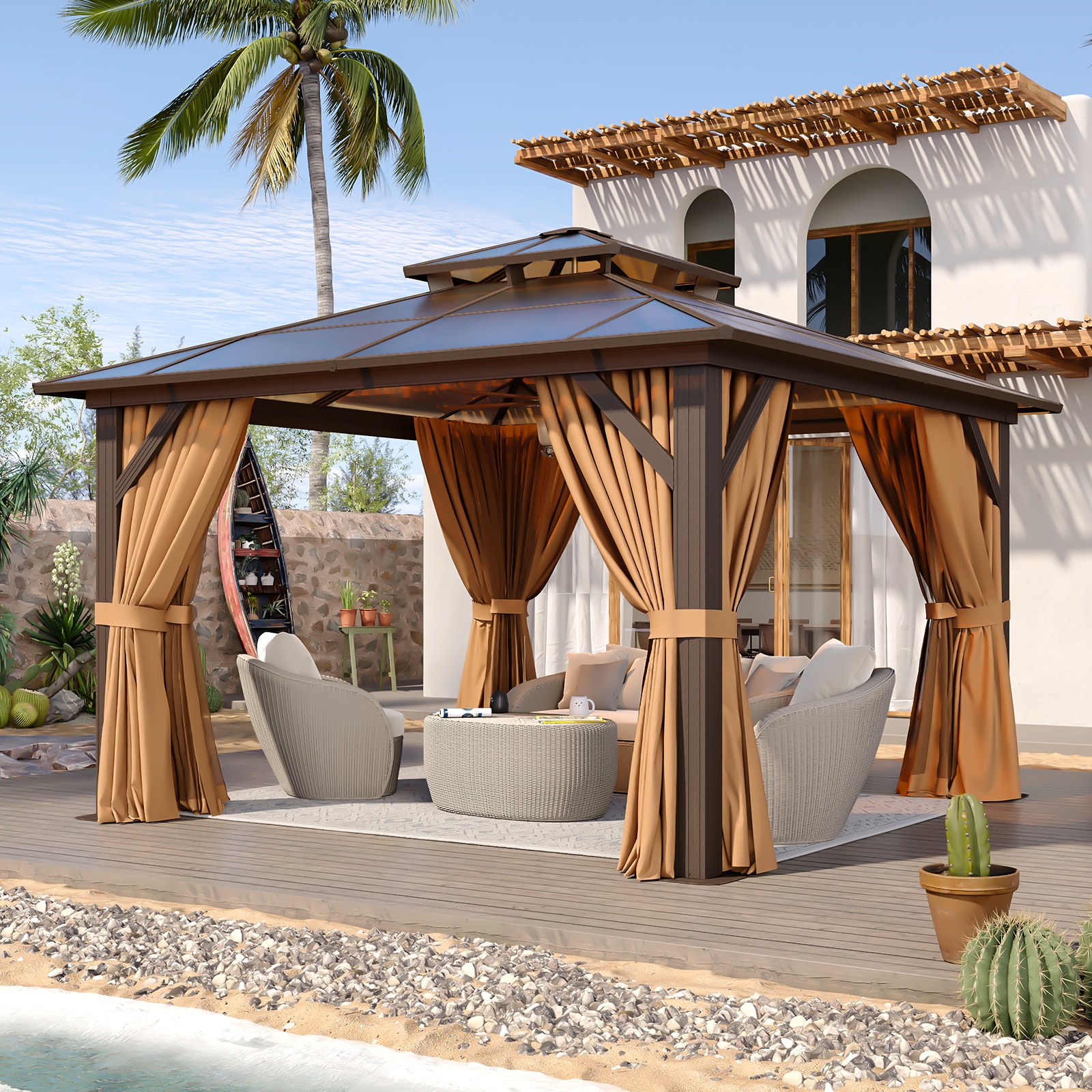 AOXUN 12-ft x 10-ft Gazebo Rectangle Brown Metal