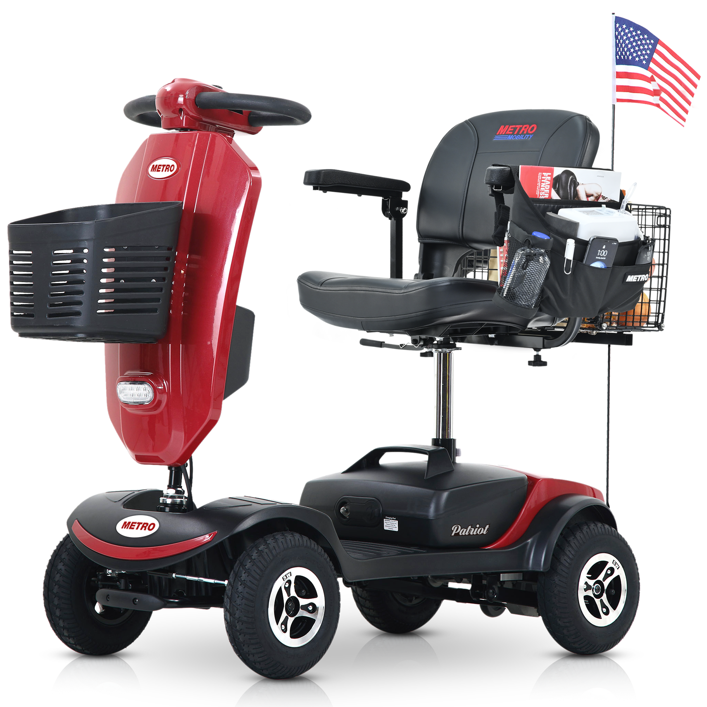 Flynama L-429S00015 Outdoor Compact Mobility Scooter with Windshield- 300w Motor- Long Range Power Extended Battery- Cup Holders- Storage Bag- Rear Basket and Usb Charger Port- Red