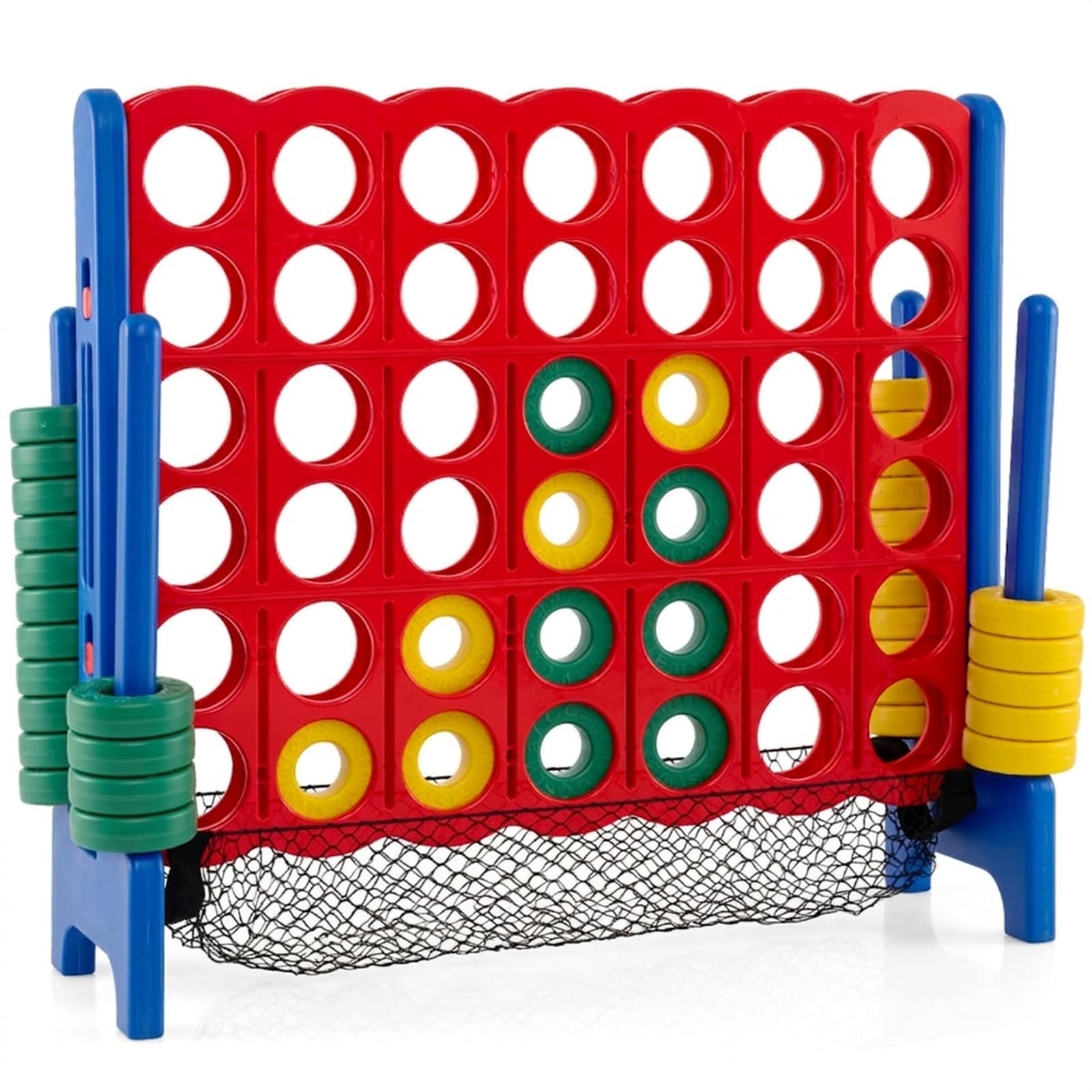 SUGIFT Jumbo 4 in a Row Game Set with 42 Ring Chess Pieces Mesh Net Quick Reset 4-to-Score Giant Floor Game 4-ft Wide Indoor Outdoor Party Game for Ages 3+-Red