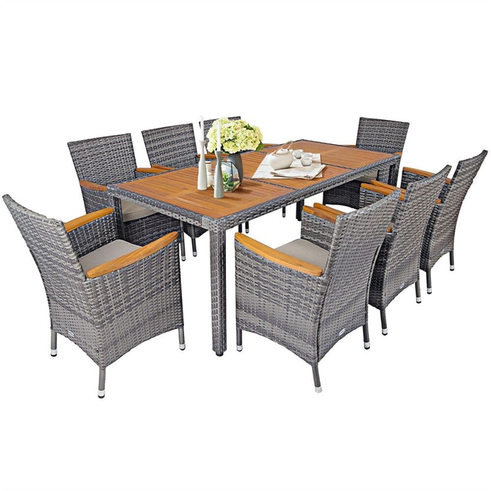 Fun Orange FUNHWCP58 8 -Piece Mix gray Rattan Patio Dining Set Rectangle Table with 8 Gray Cushions Stationary Chairs