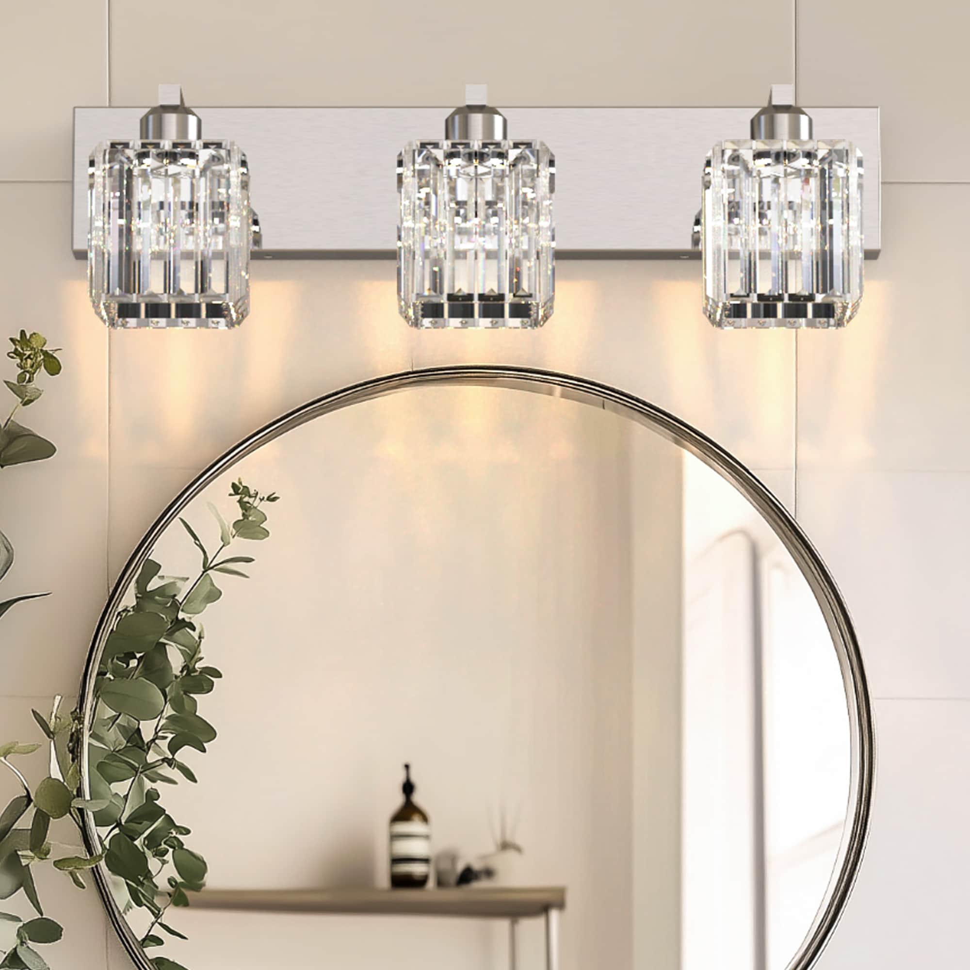 DORESshop 23.62 in 3 Lights Dimmable LED Vanity Light with 3 CCT 2700K 4000K 6000K Brushed Nickel Finish Square Crystal Bathroom Mirror Light CRI 90+ for Makeup Room Bathroom