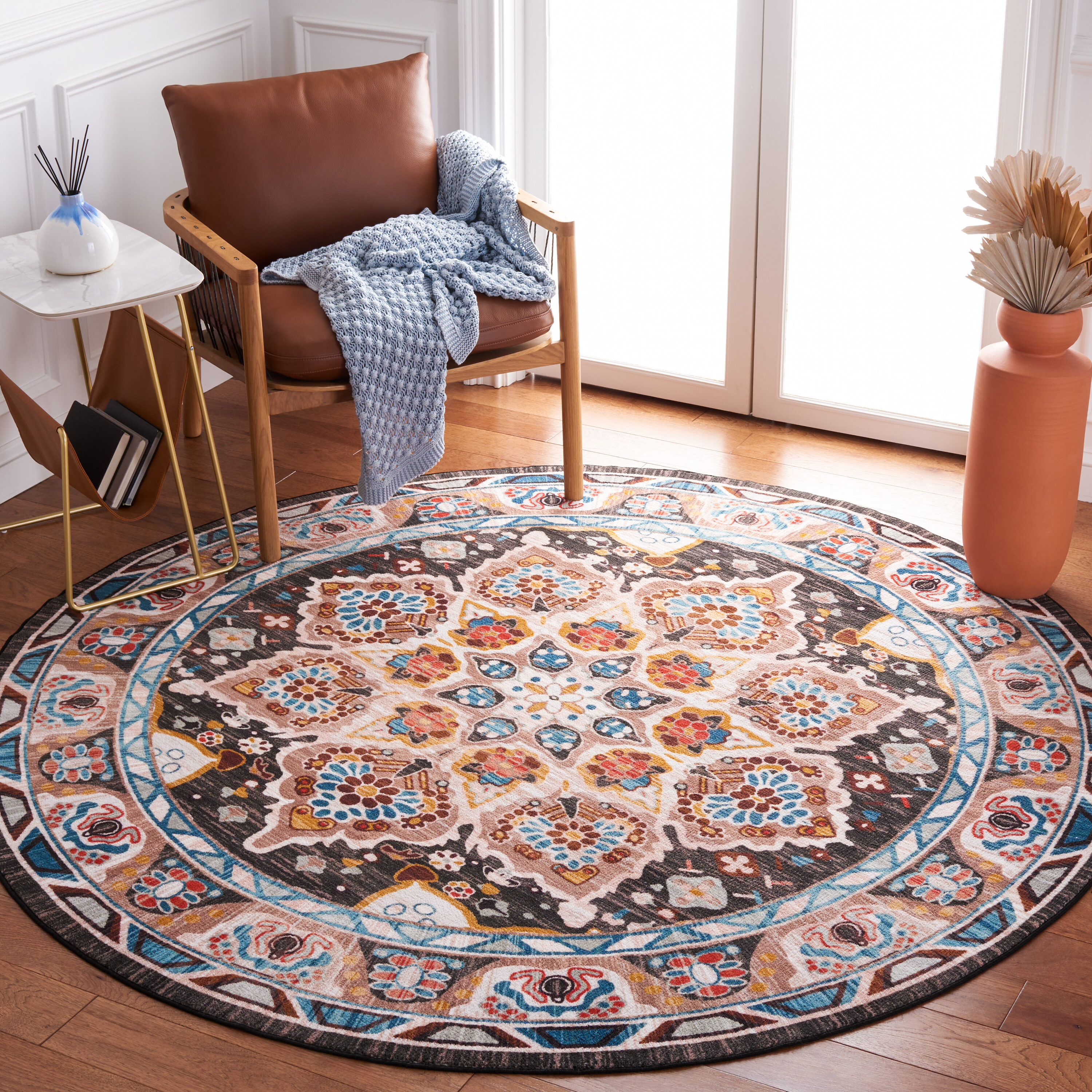Safavieh RIV155B-7R Riviera 7 x 7 (ft) Loomed Polyester Beige/Charcoal Round Indoor Border Machine washable Area rug